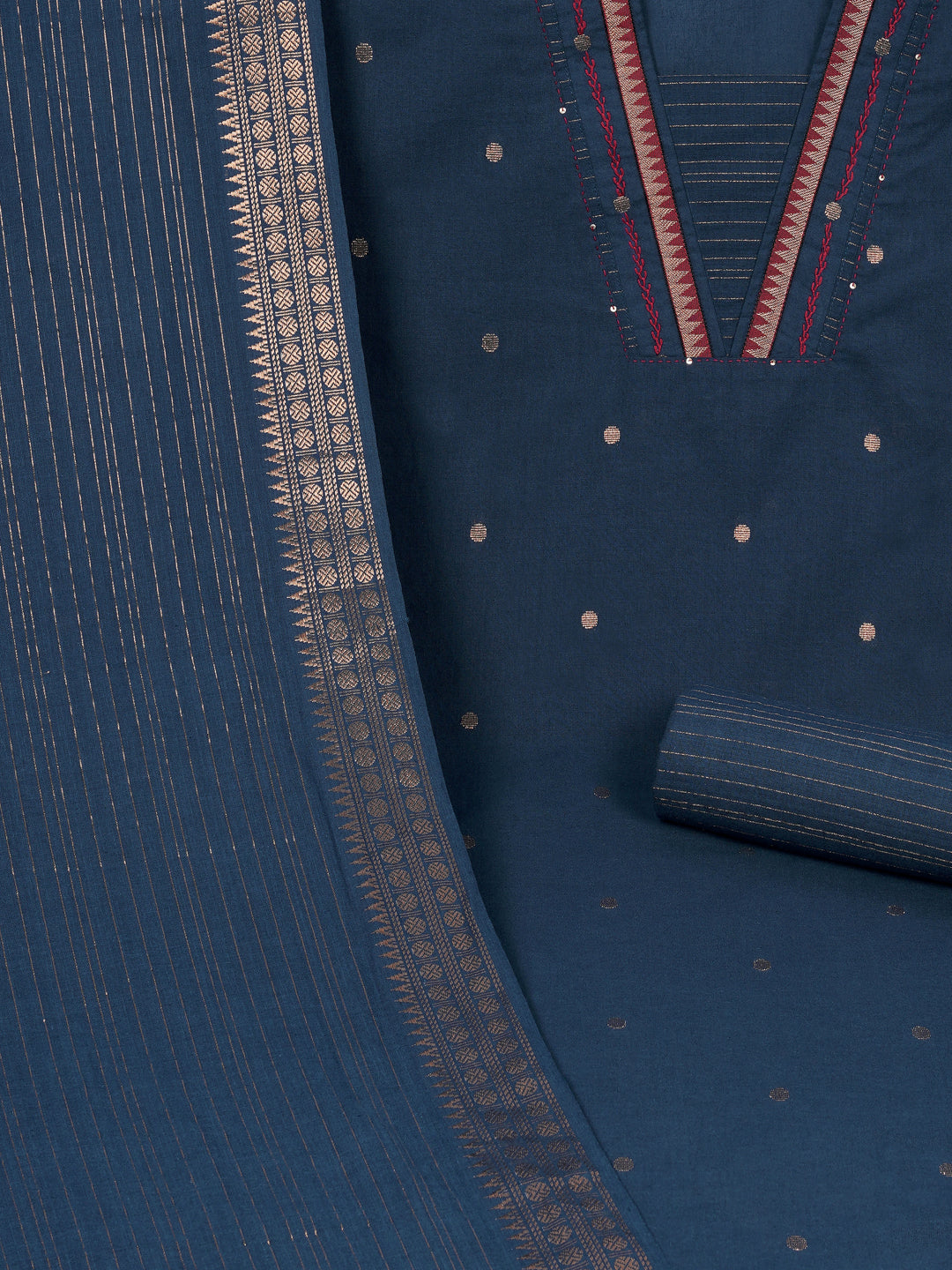 Unstitched suit set with zari dot embellished top paired with a zari striped bottom and dupatta.