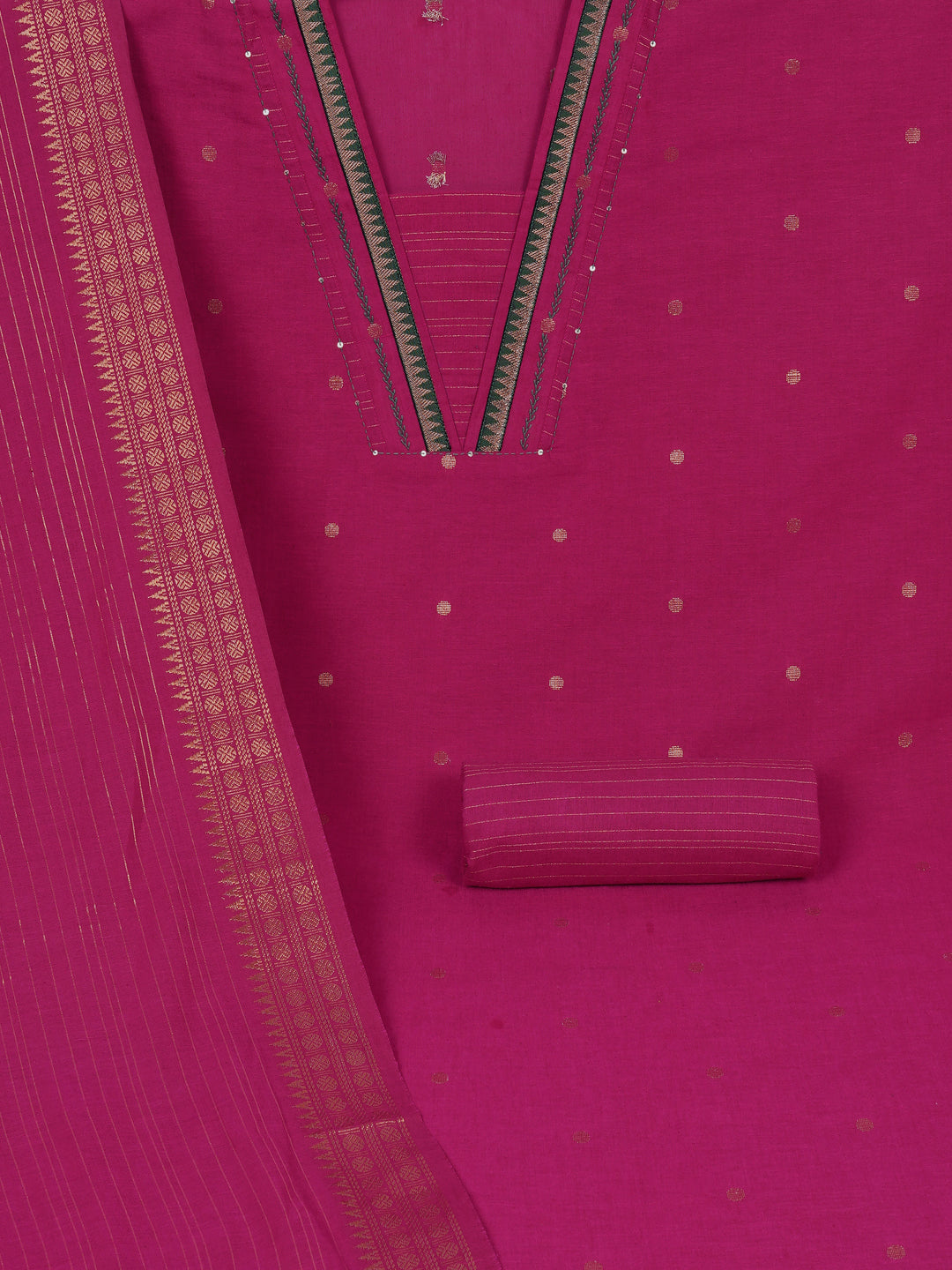 Unstitched suit set with zari dot embellished top paired with a zari striped bottom and dupatta.