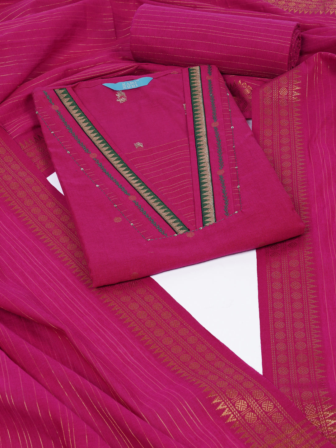 Unstitched suit set with zari dot embellished top paired with a zari striped bottom and dupatta.