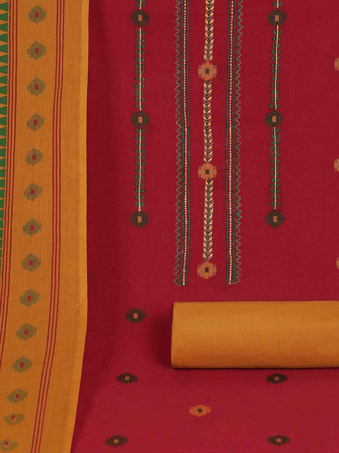 Crimson Handloom Dress Material with a striking Ikat-inspired dupatta.(Red)