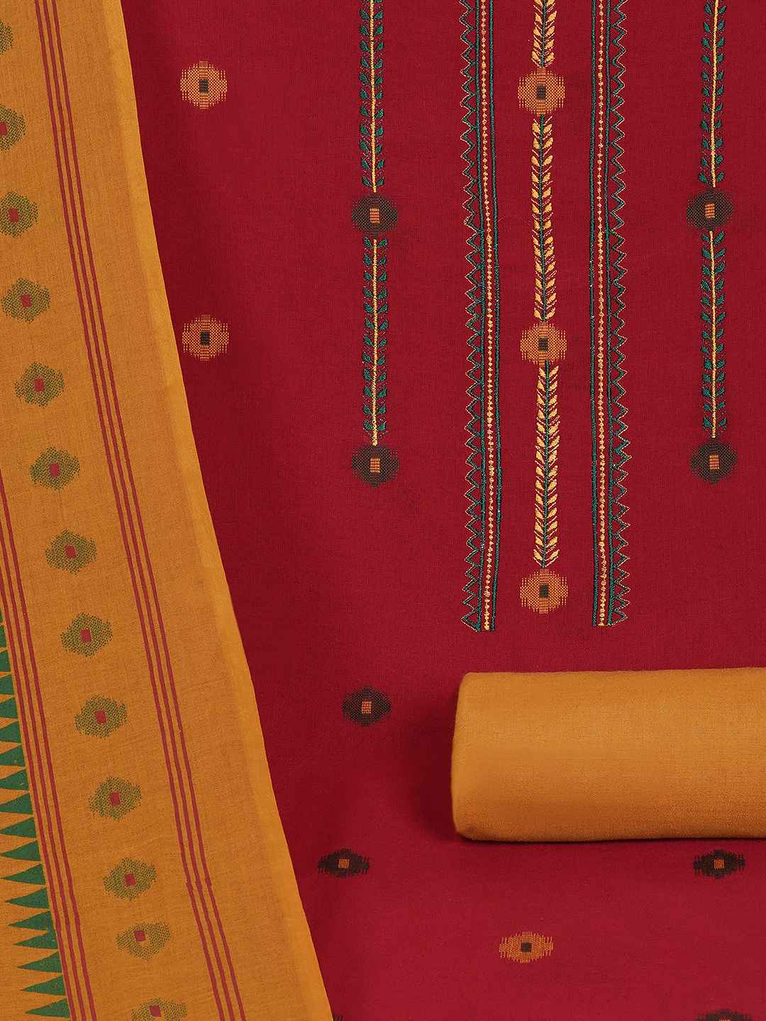 Crimson Handloom Dress Material with a striking Ikat-inspired dupatta.(Red)