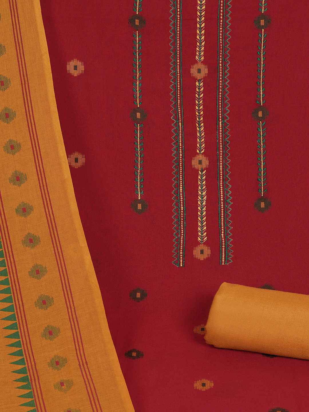 Crimson Handloom Dress Material with a striking Ikat-inspired dupatta.(Red)