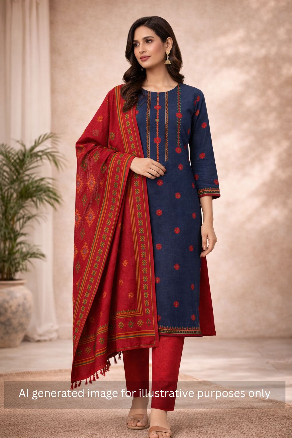 Crimson Handloom Dress Material with a striking Ikat-inspired dupatta.(Blue)