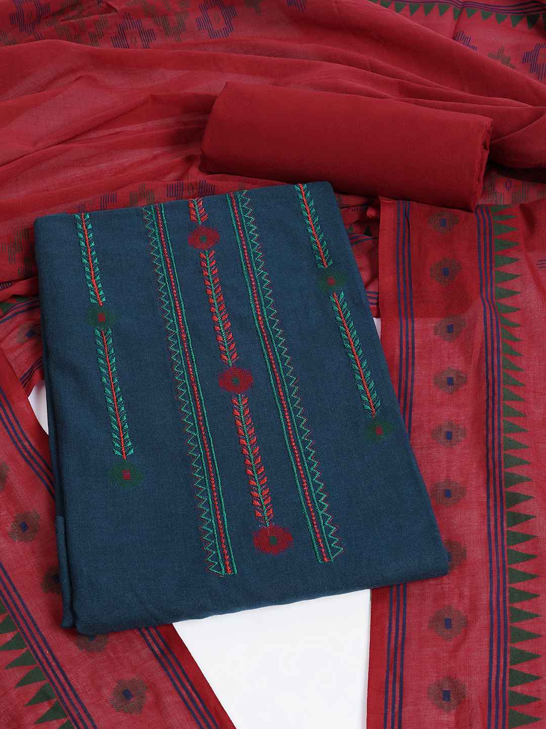 Crimson Handloom Dress Material with a striking Ikat-inspired dupatta.(Blue)