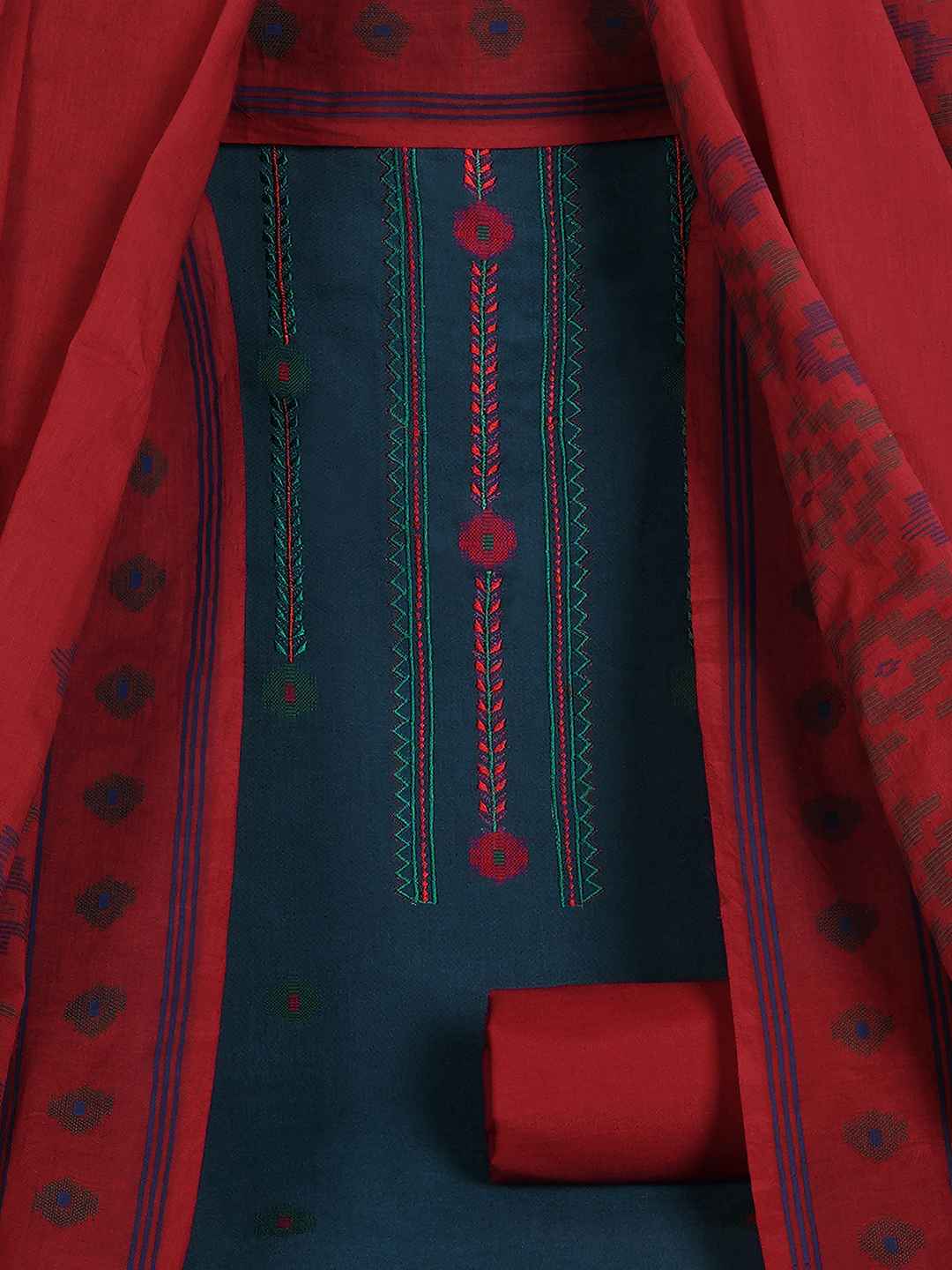 Crimson Handloom Dress Material with a striking Ikat-inspired dupatta.(Blue)