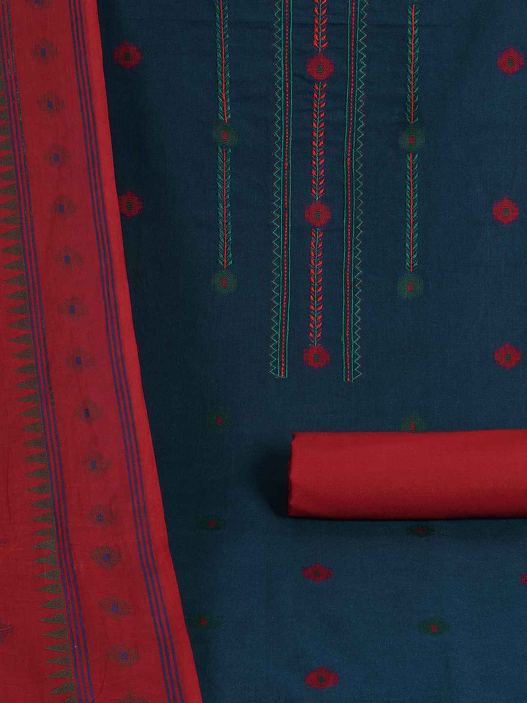 Crimson Handloom Dress Material with a striking Ikat-inspired dupatta.(Blue)
