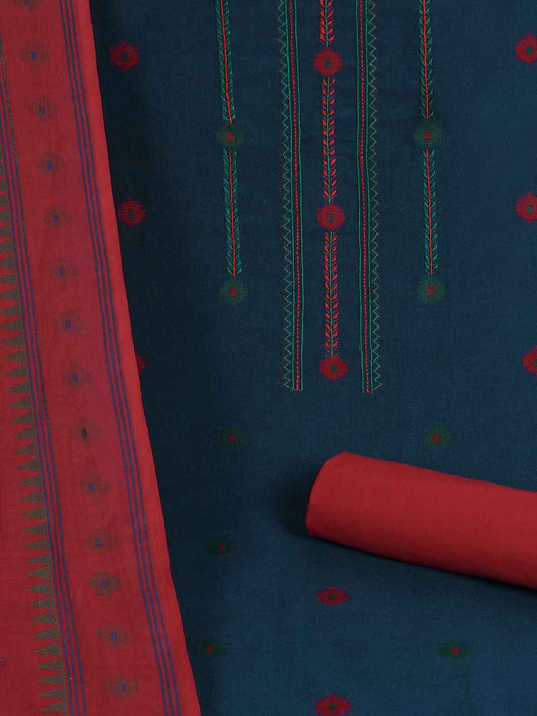 Crimson Handloom Dress Material with a striking Ikat-inspired dupatta.(Blue)