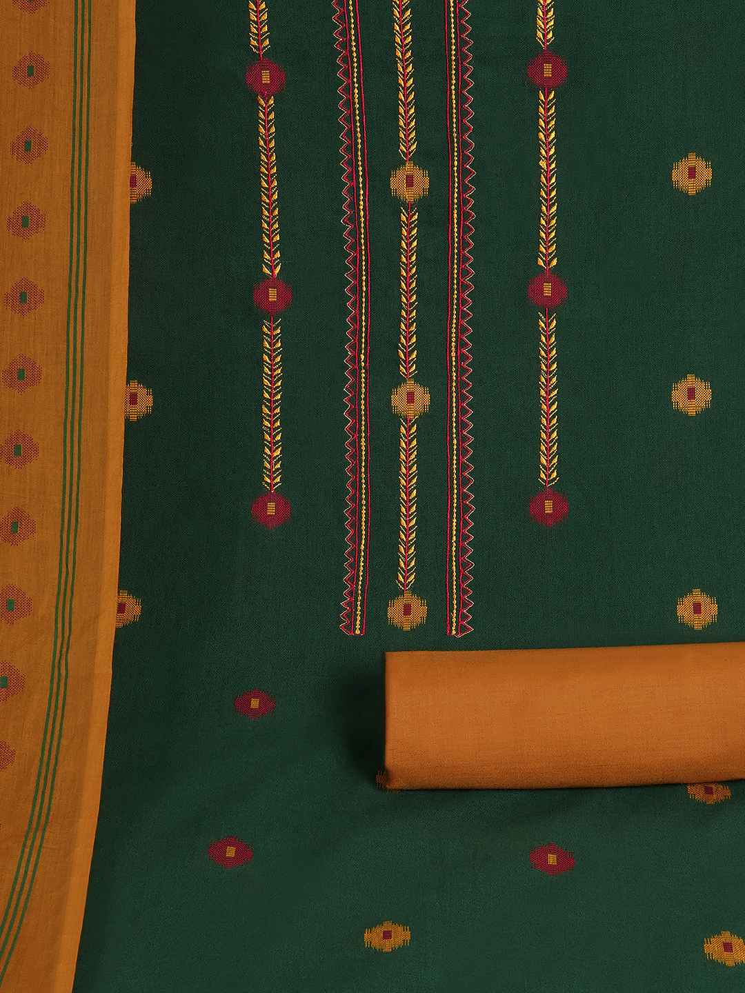 Crimson Handloom Dress Material with a striking Ikat-inspired dupatta.(Green)