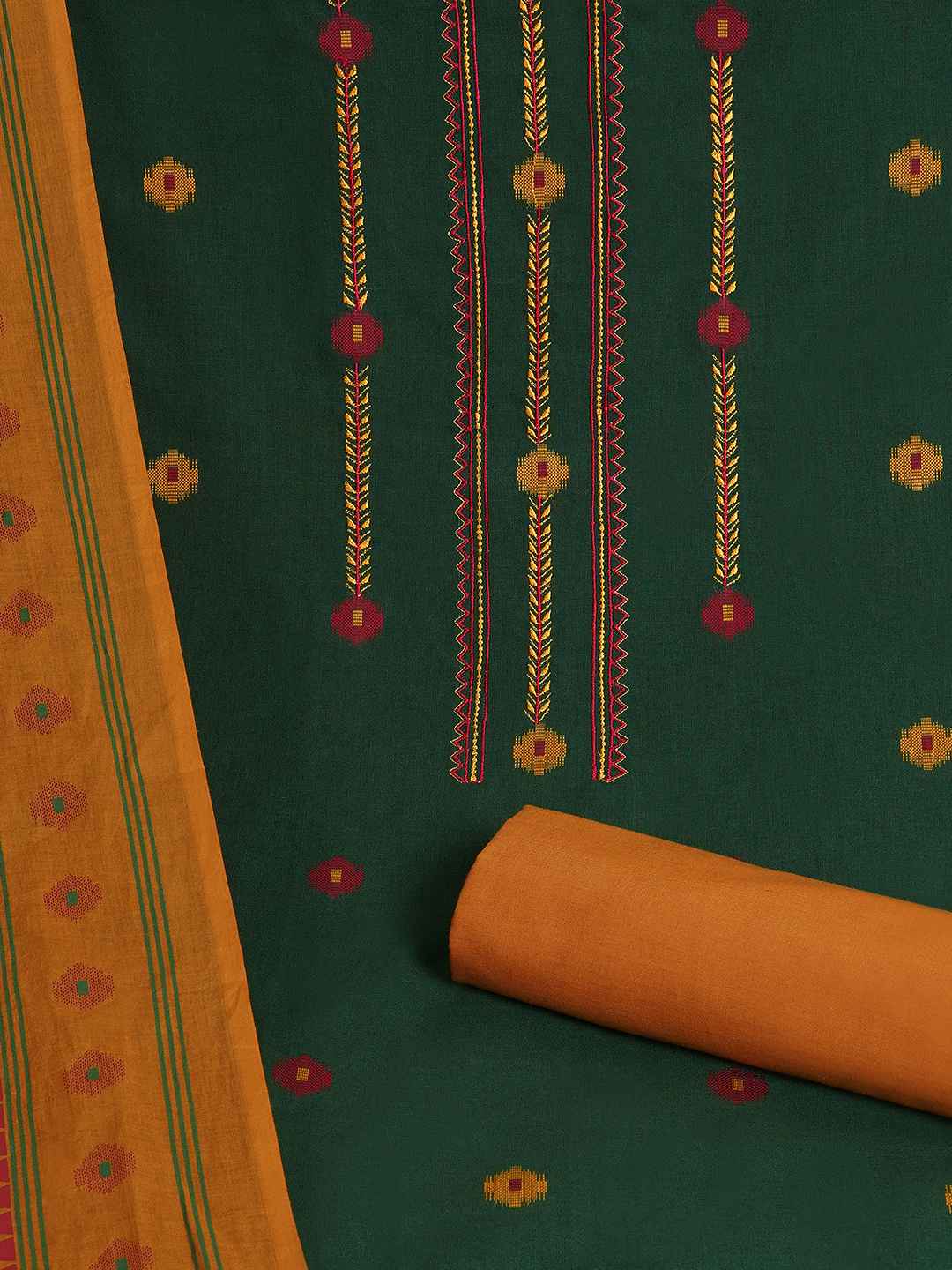 Crimson Handloom Dress Material with a striking Ikat-inspired dupatta.(Green)