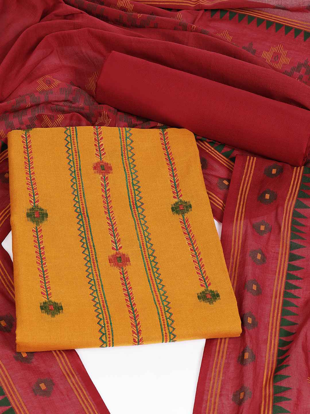 Crimson Handloom Dress Material with a striking Ikat-inspired dupatta.(Yellow)