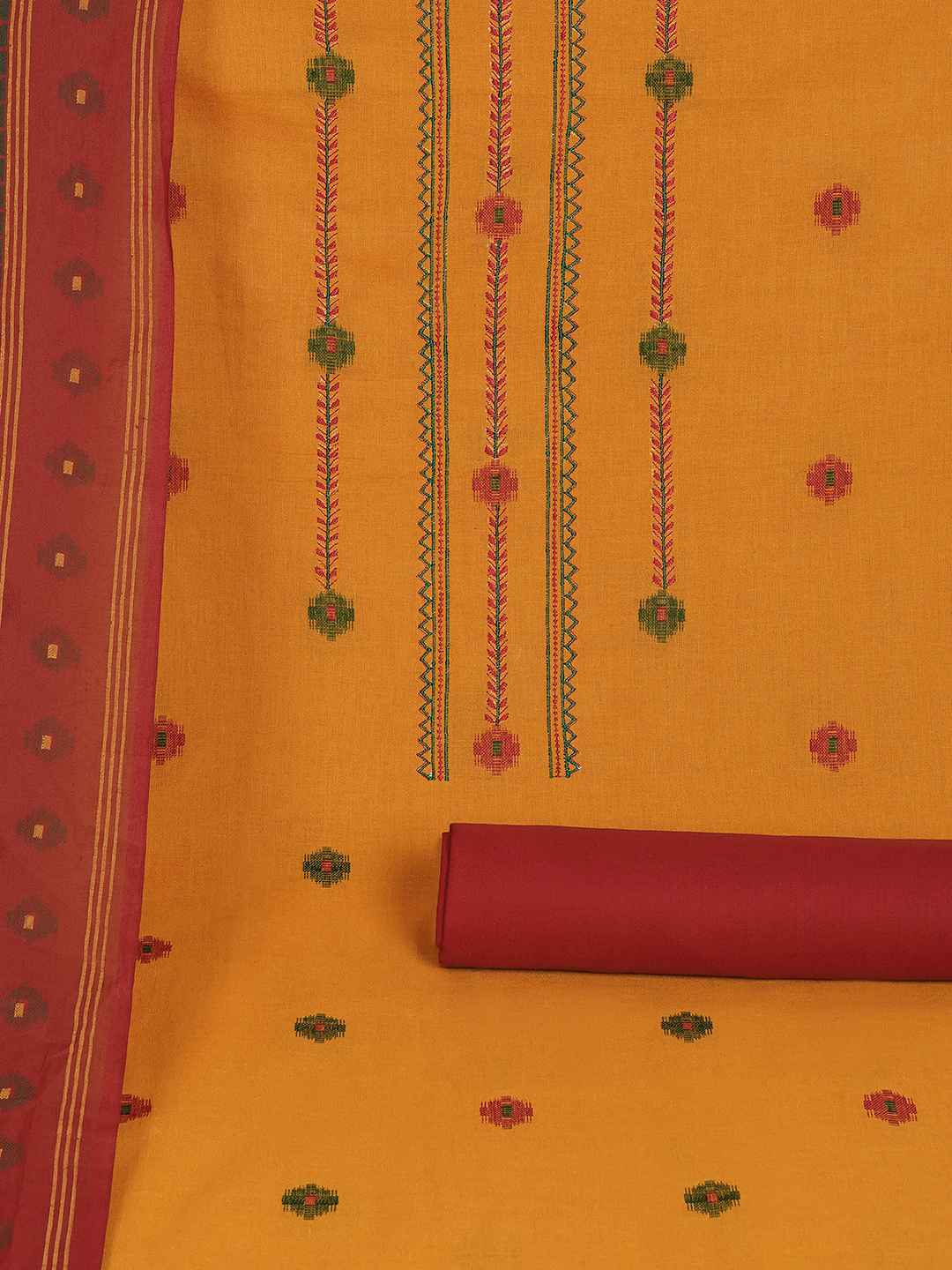 Crimson Handloom Dress Material with a striking Ikat-inspired dupatta.(Yellow)