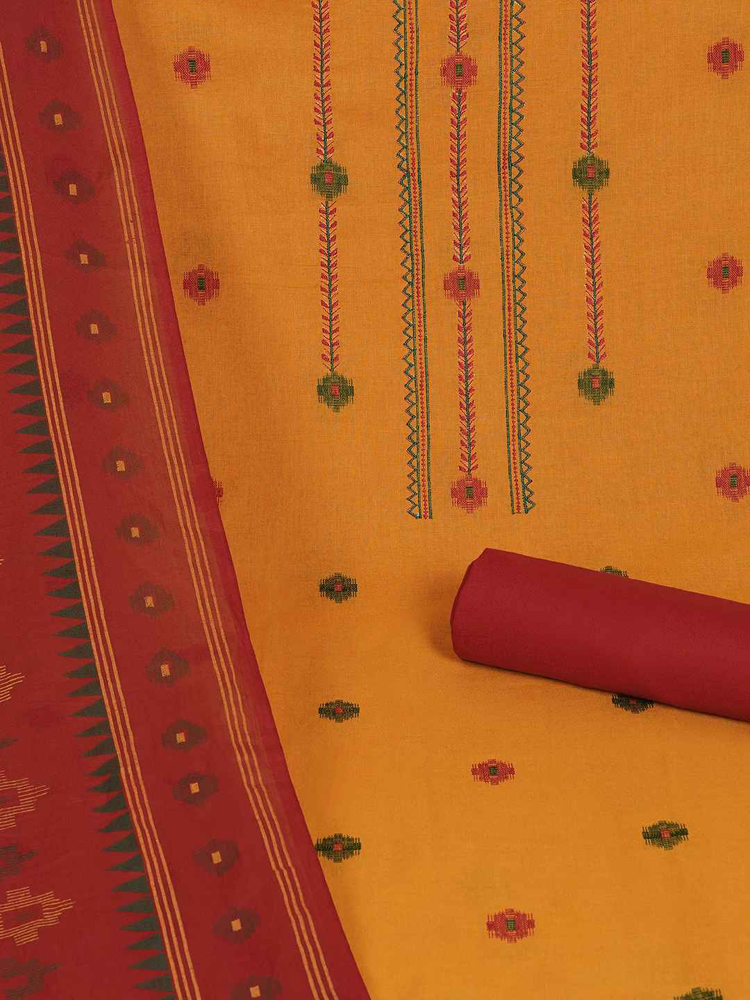 Crimson Handloom Dress Material with a striking Ikat-inspired dupatta.(Yellow)