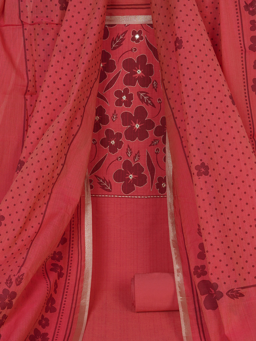 Unstitched Cotton Striped Dress Material with Applique Print paired with Plain Bottom & printed dupatta.(Pink)