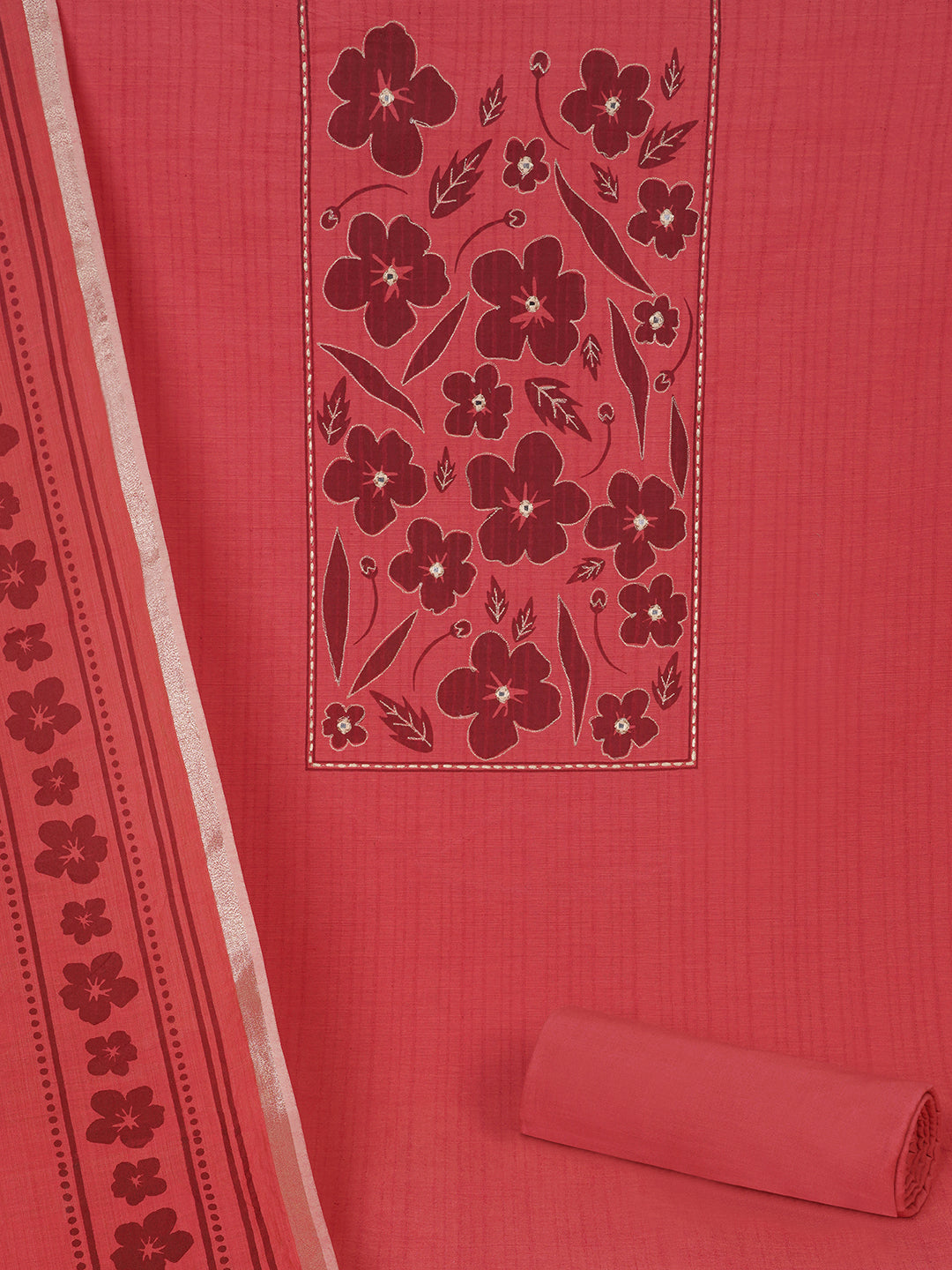 Unstitched Cotton Striped Dress Material with Applique Print paired with Plain Bottom & printed dupatta.(Pink)