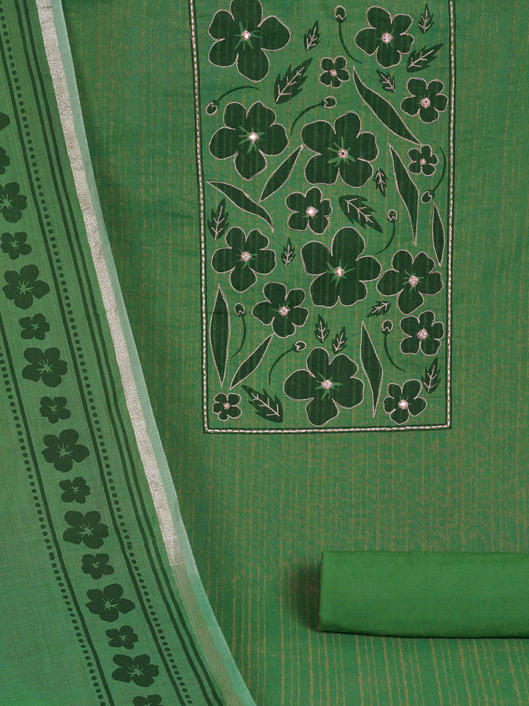 Unstitched Cotton Striped Dress Material with Applique Print paired with Plain Bottom & printed dupatta.(Green)