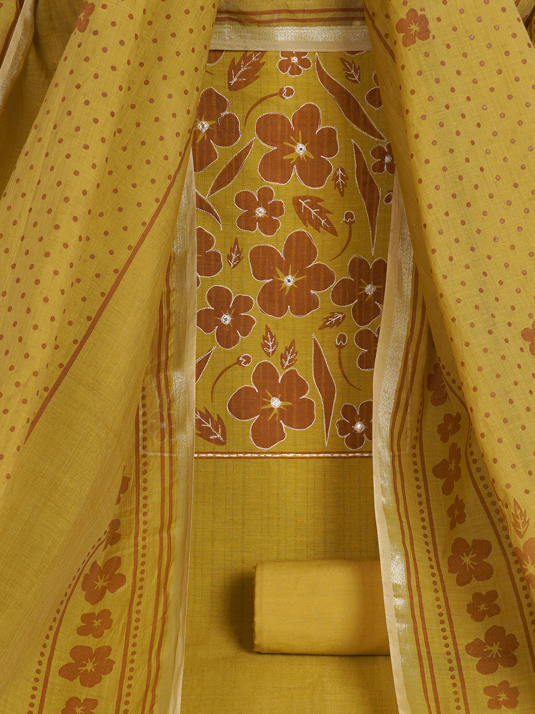 Unstitched Cotton Striped Dress Material with Applique Print paired with Plain Bottom & printed dupatta.(Mustard)