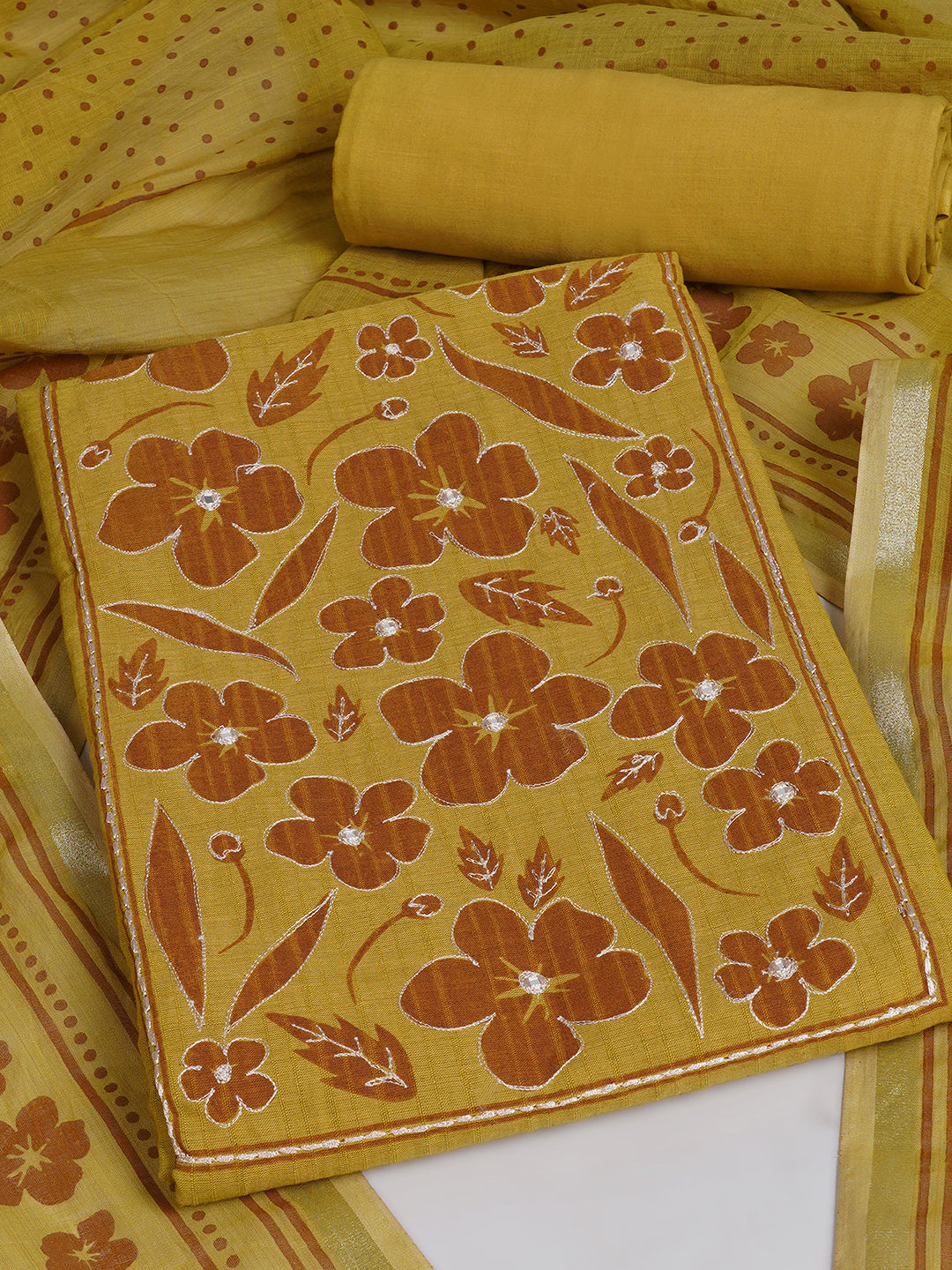 Unstitched Cotton Striped Dress Material with Applique Print paired with Plain Bottom & printed dupatta.(Mustard)
