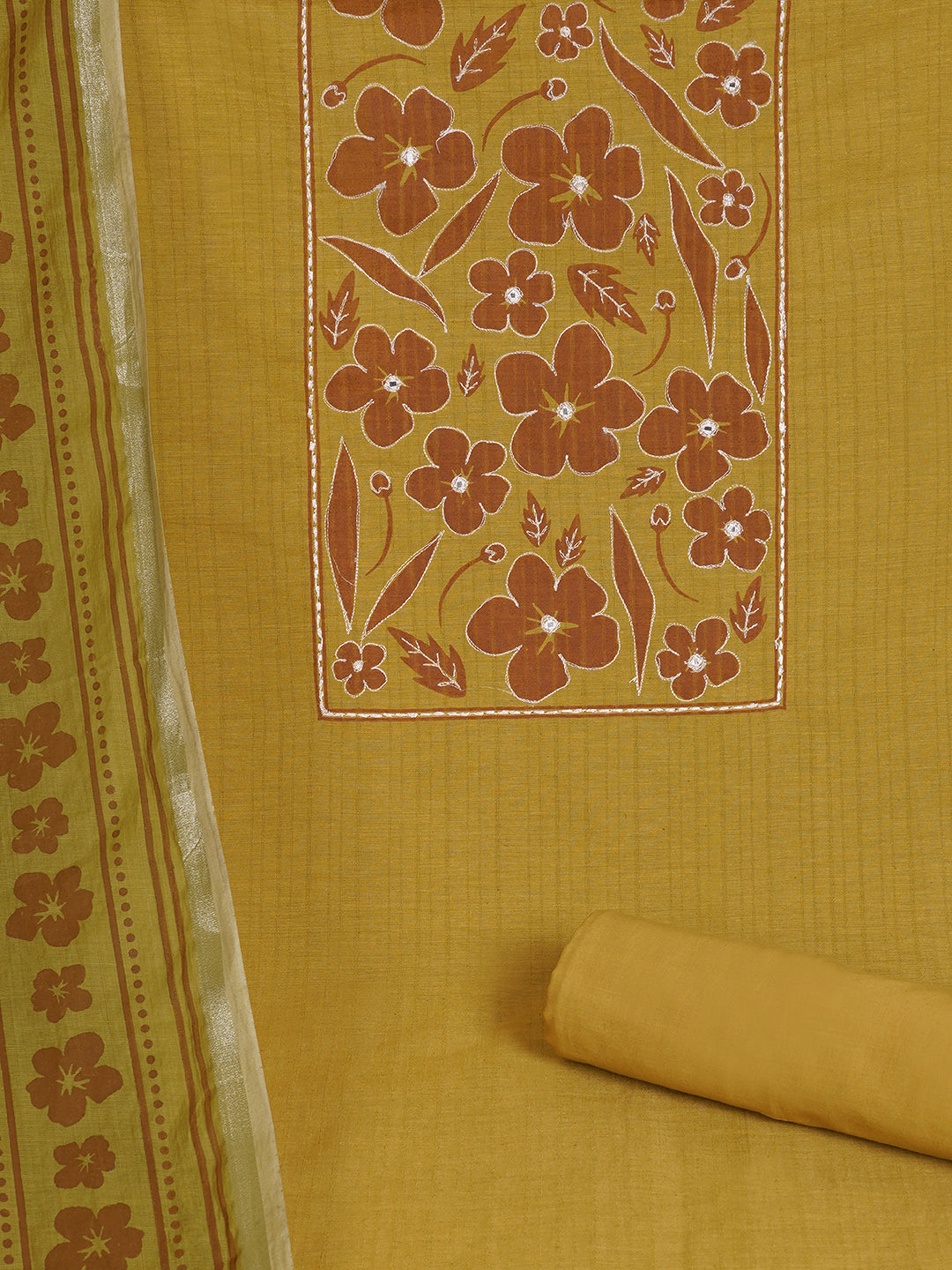 Unstitched Cotton Striped Dress Material with Applique Print paired with Plain Bottom & printed dupatta.(Mustard)