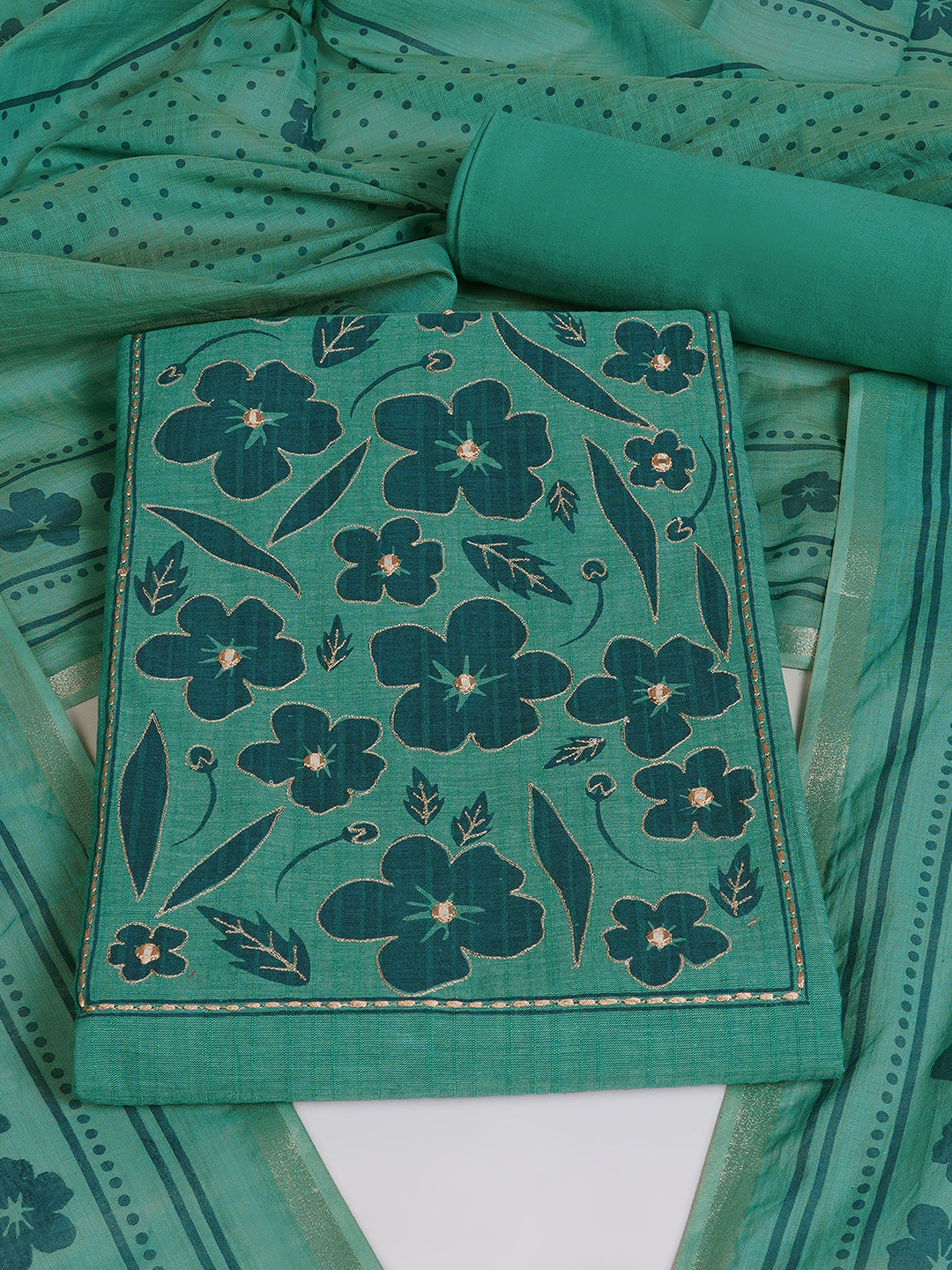 Unstitched Cotton Striped Dress Material with Applique Print Paired with Plain Bottom & printed dupatta.(Turquoise)