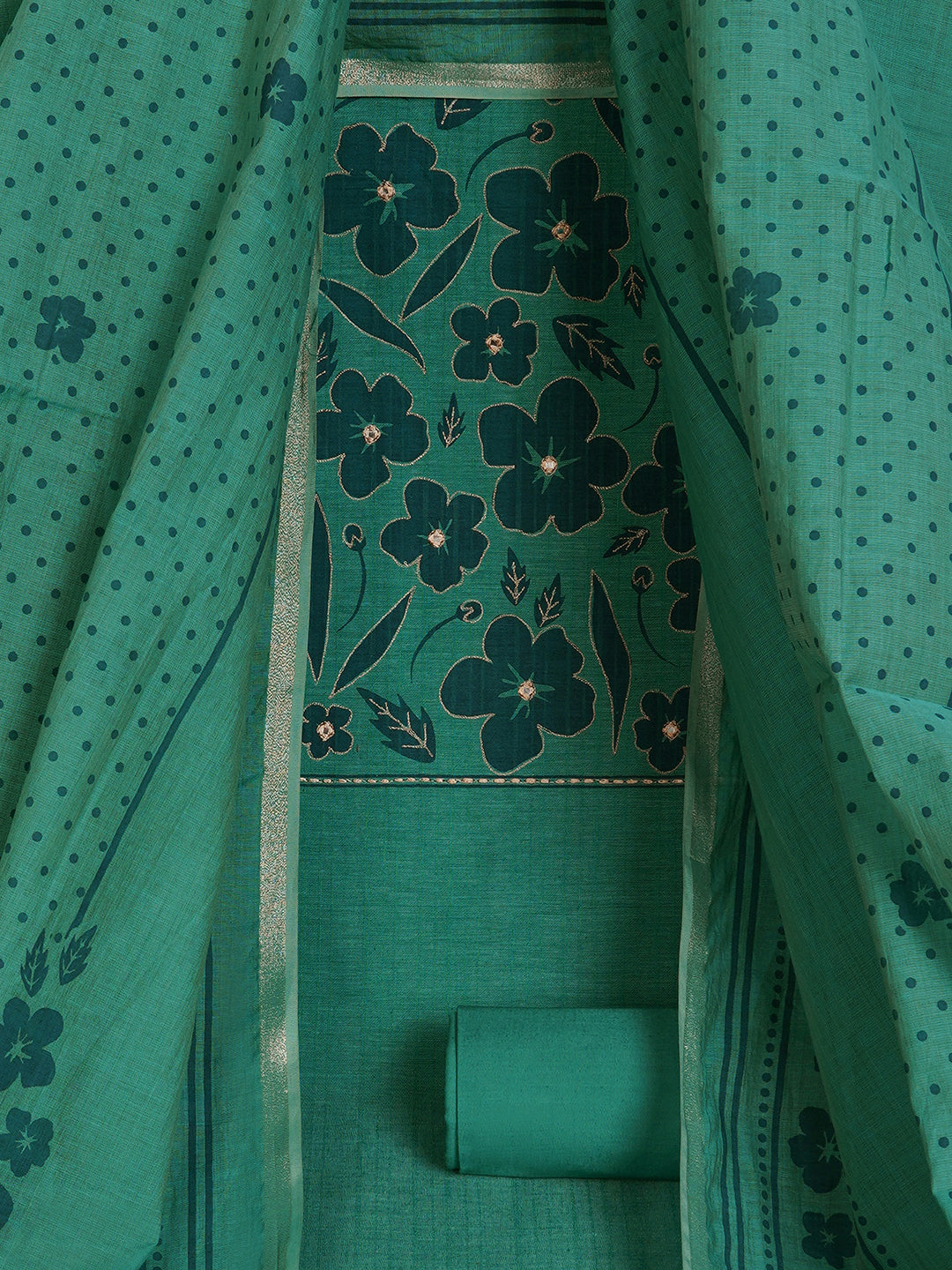 Unstitched Cotton Striped Dress Material with Applique Print Paired with Plain Bottom & printed dupatta.(Turquoise)