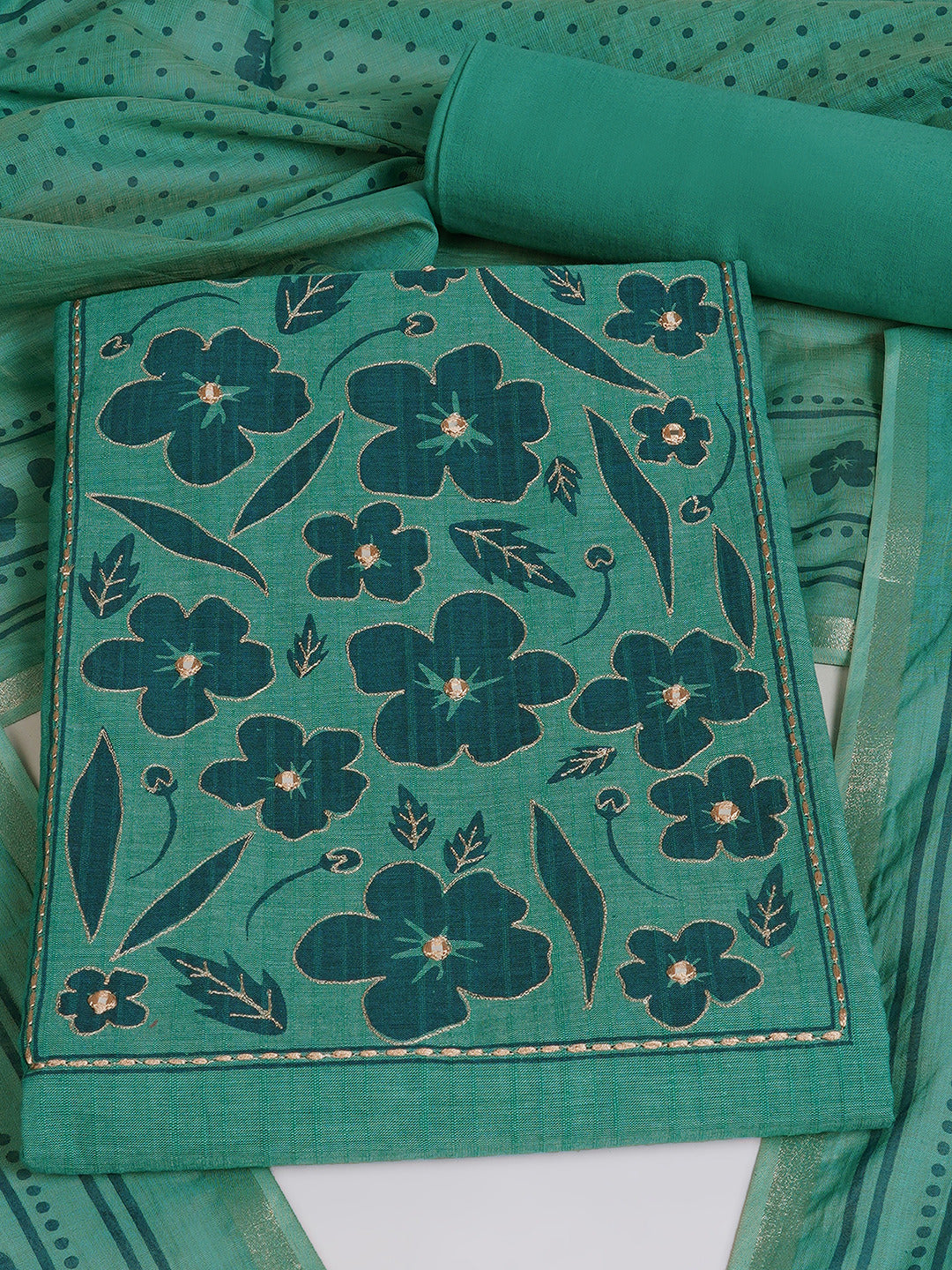 Unstitched Cotton Striped Dress Material with Applique Print Paired with Plain Bottom & printed dupatta.(Turquoise)