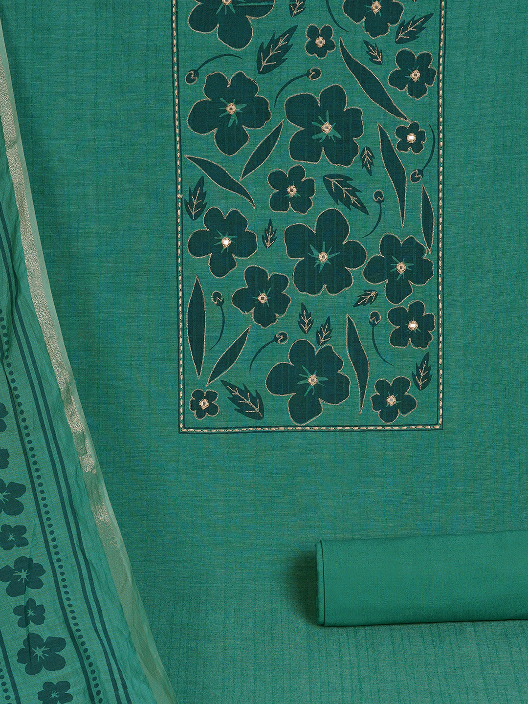 Unstitched Cotton Striped Dress Material with Applique Print Paired with Plain Bottom & printed dupatta.(Turquoise)
