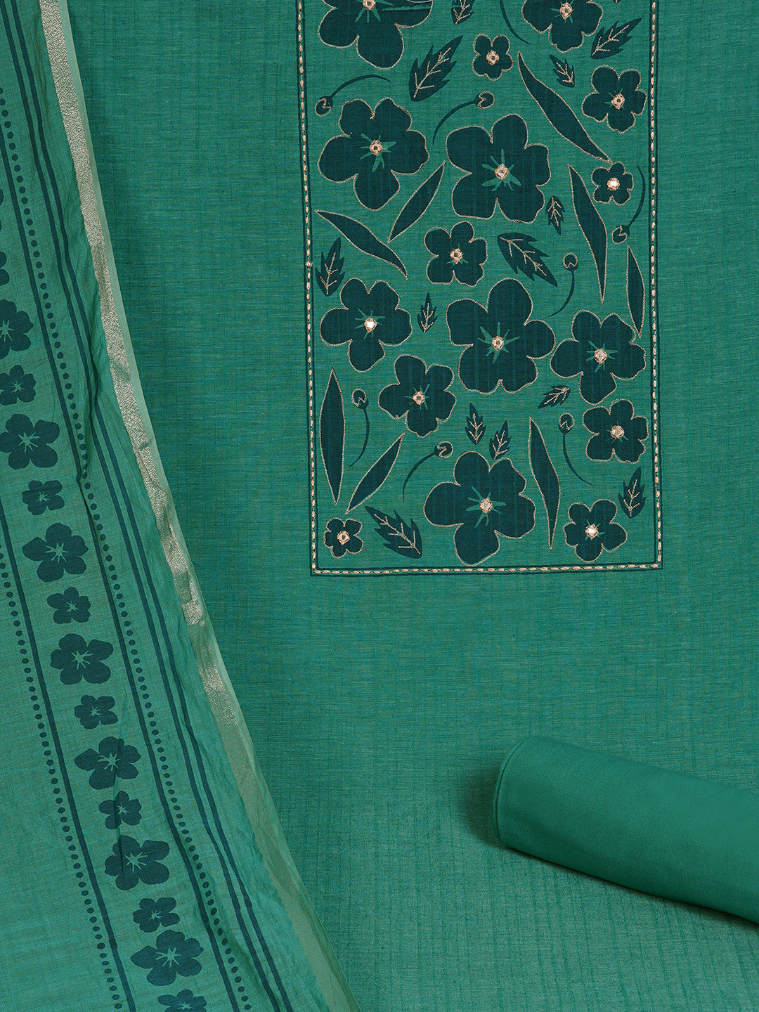 Unstitched Cotton Striped Dress Material with Applique Print Paired with Plain Bottom & printed dupatta.(Turquoise)