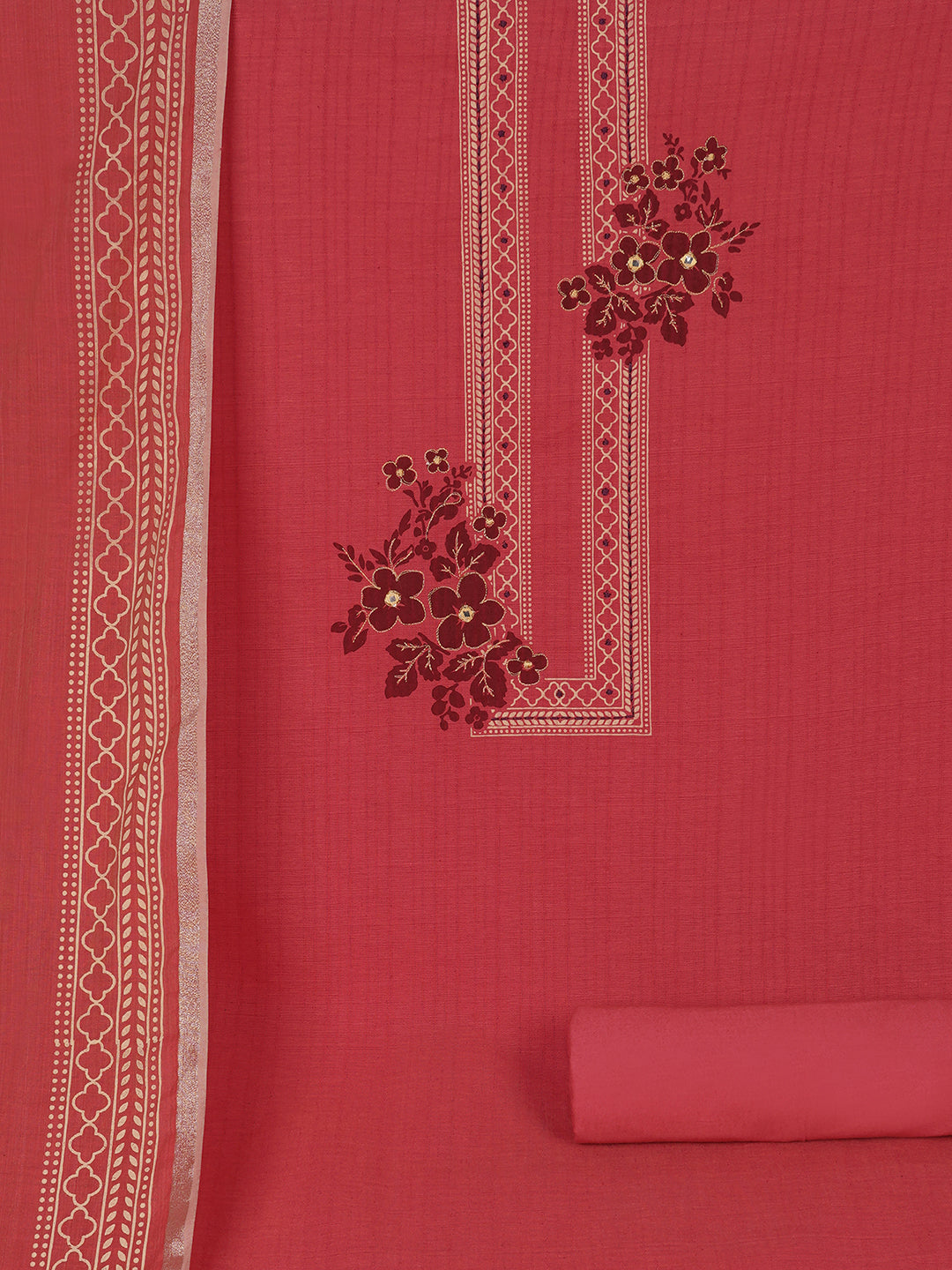 Ready to Stitch Cotton Dress Material with Mirror Detailing Paired with Plain Bottom & printed dupatta.(Pink)