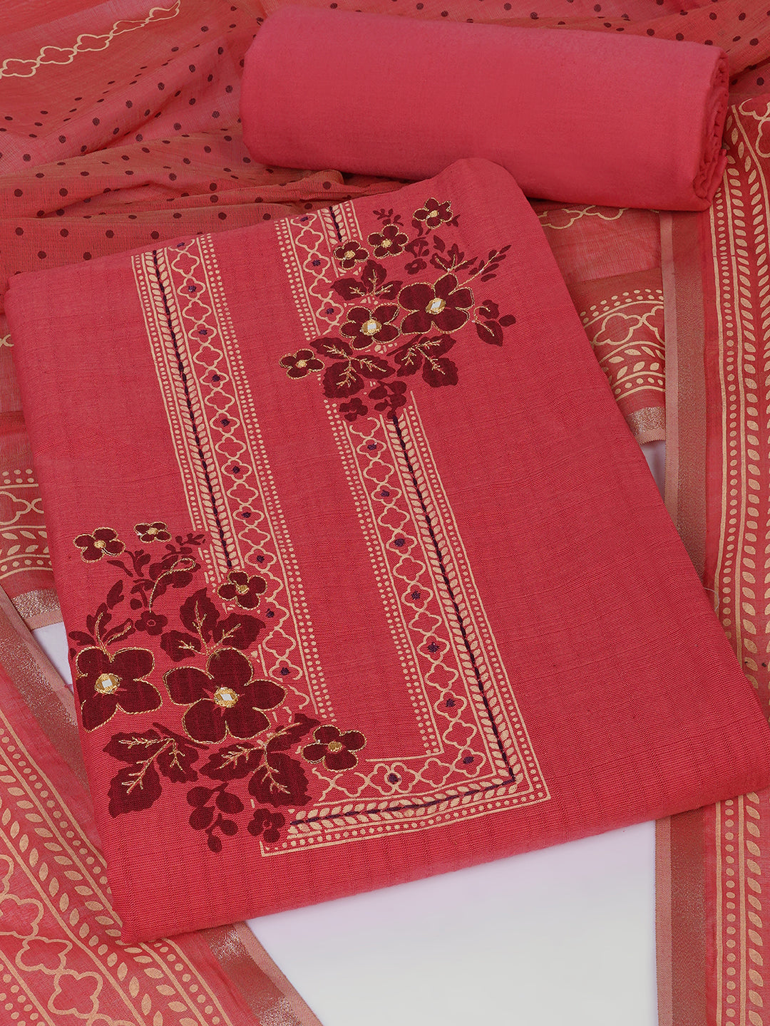 Ready to Stitch Cotton Dress Material with Mirror Detailing Paired with Plain Bottom & printed dupatta.(Pink)
