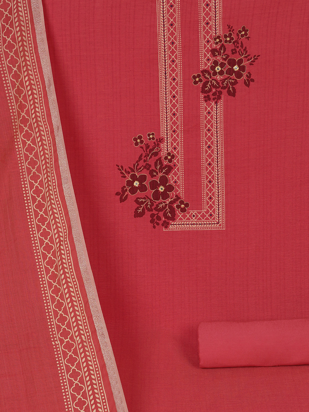 Ready to Stitch Cotton Dress Material with Mirror Detailing Paired with Plain Bottom & printed dupatta.(Pink)