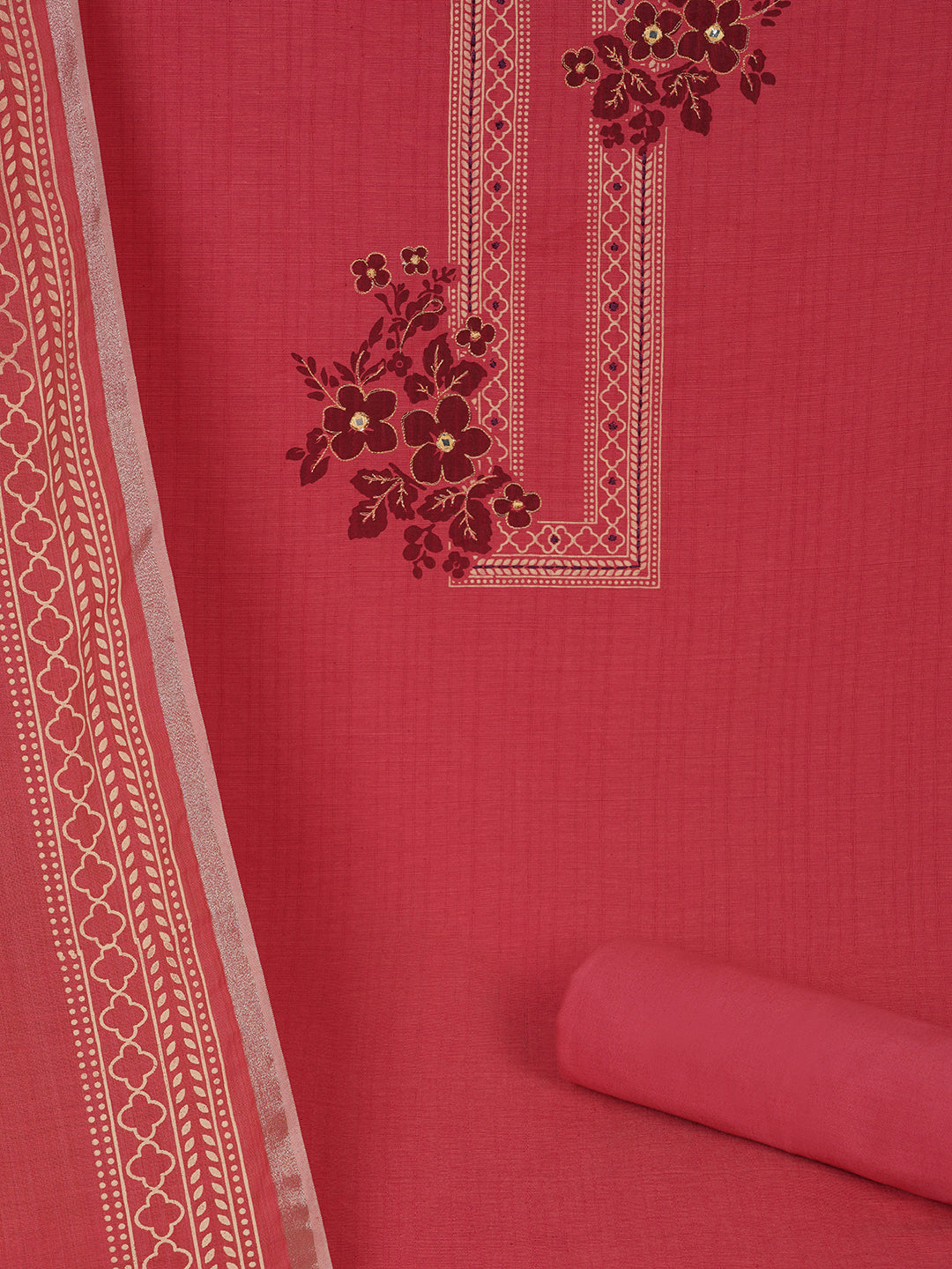 Ready to Stitch Cotton Dress Material with Mirror Detailing Paired with Plain Bottom & printed dupatta.(Pink)