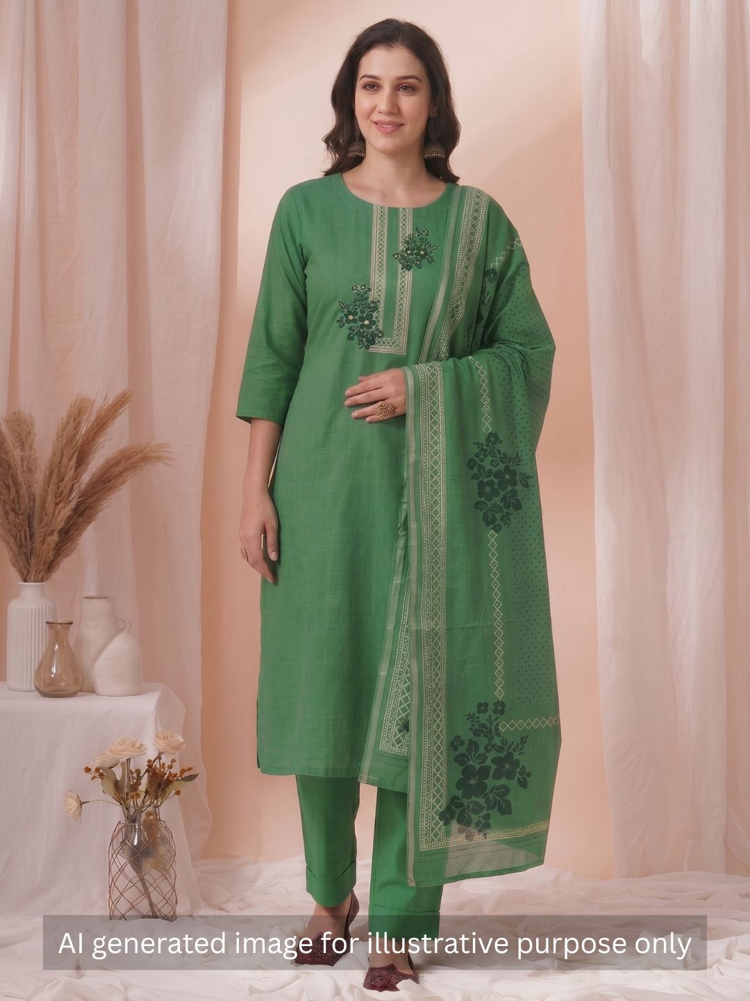 Ready to Stitch Cotton Dress Material with Mirror Detailing Paired with Plain Bottom & printed dupatta.(Green)