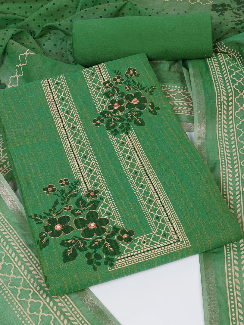 Ready to Stitch Cotton Dress Material with Mirror Detailing Paired with Plain Bottom & printed dupatta.(Green)