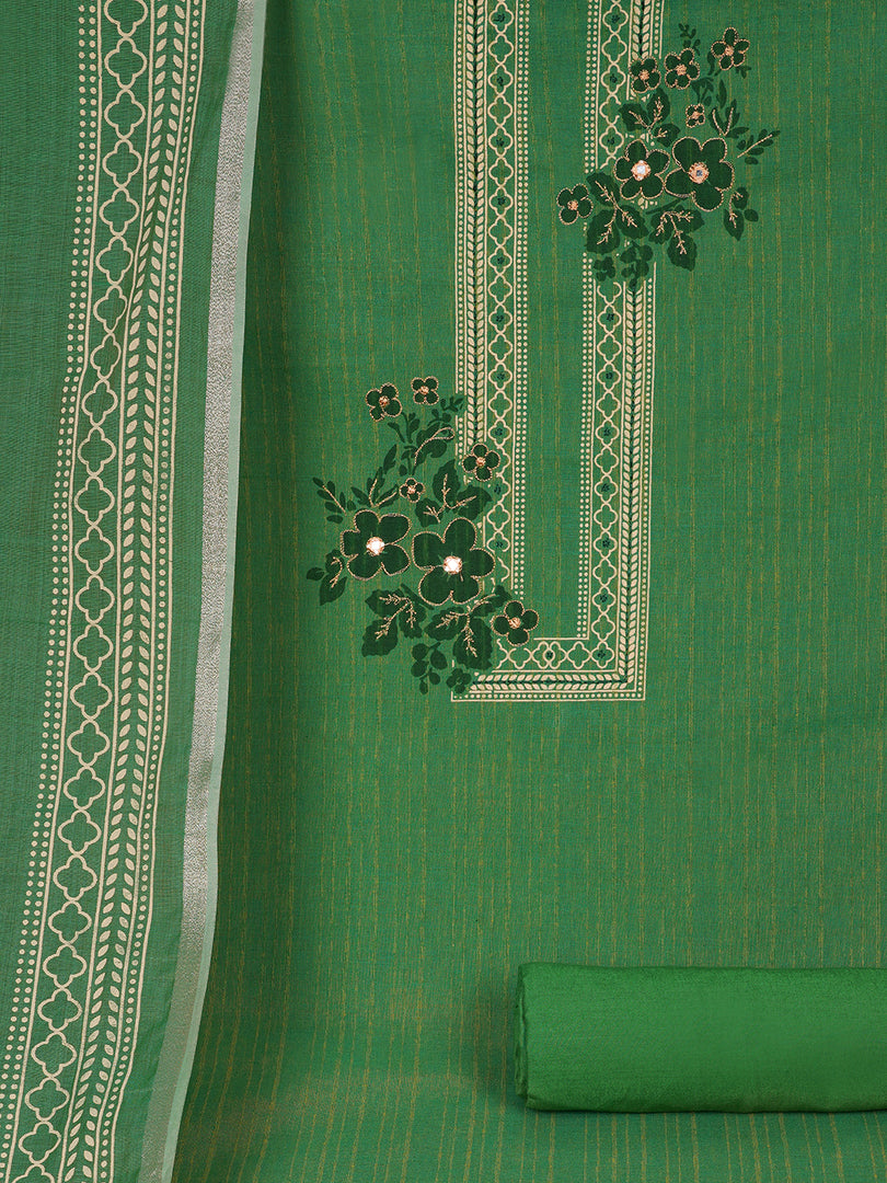 Ready to Stitch Cotton Dress Material with Mirror Detailing Paired with Plain Bottom & printed dupatta.(Green)