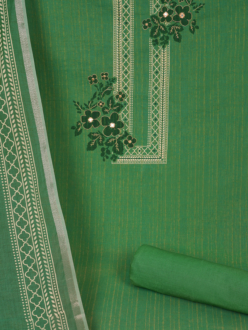 Ready to Stitch Cotton Dress Material with Mirror Detailing Paired with Plain Bottom & printed dupatta.(Green)