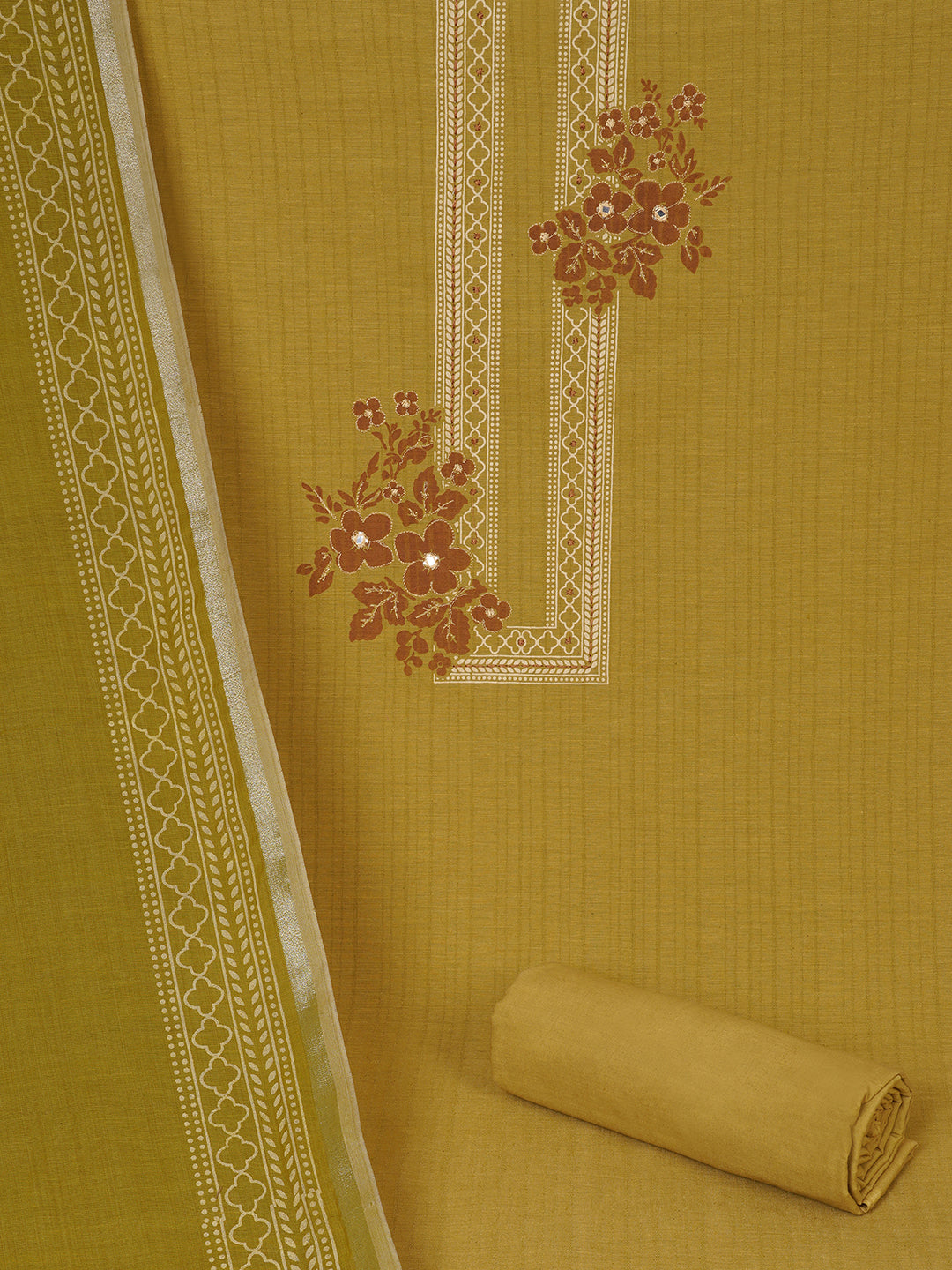 Ready to Stitch Cotton Dress Material with Mirror Detailing Paired with Plain Bottom & printed dupatta.(Mustard)