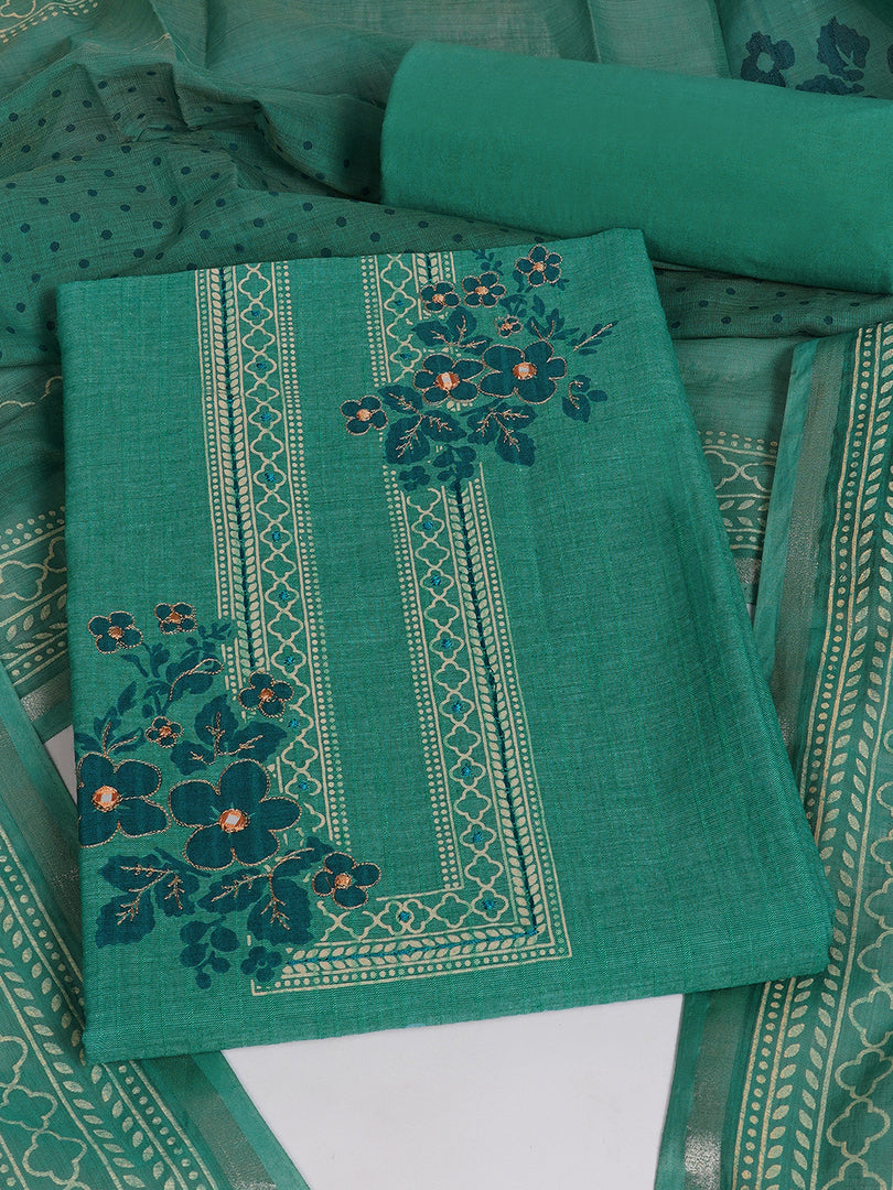 Ready to Stitch Cotton Dress Material with Mirror Detailing Paired with Plain Bottom & printed dupatta.(Turquoise)