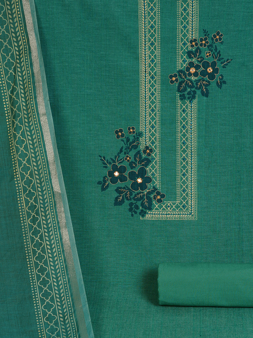 Ready to Stitch Cotton Dress Material with Mirror Detailing Paired with Plain Bottom & printed dupatta.(Turquoise)