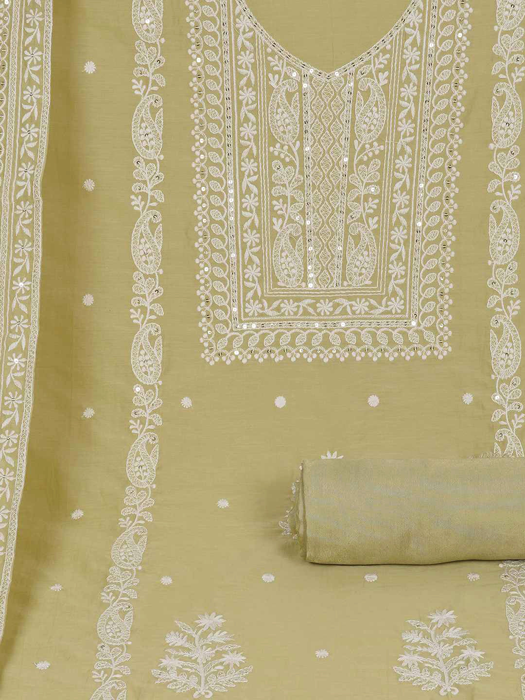3-piece unstitched set with premium Chanderi fabric and features intricate embroidery.(Pista green)