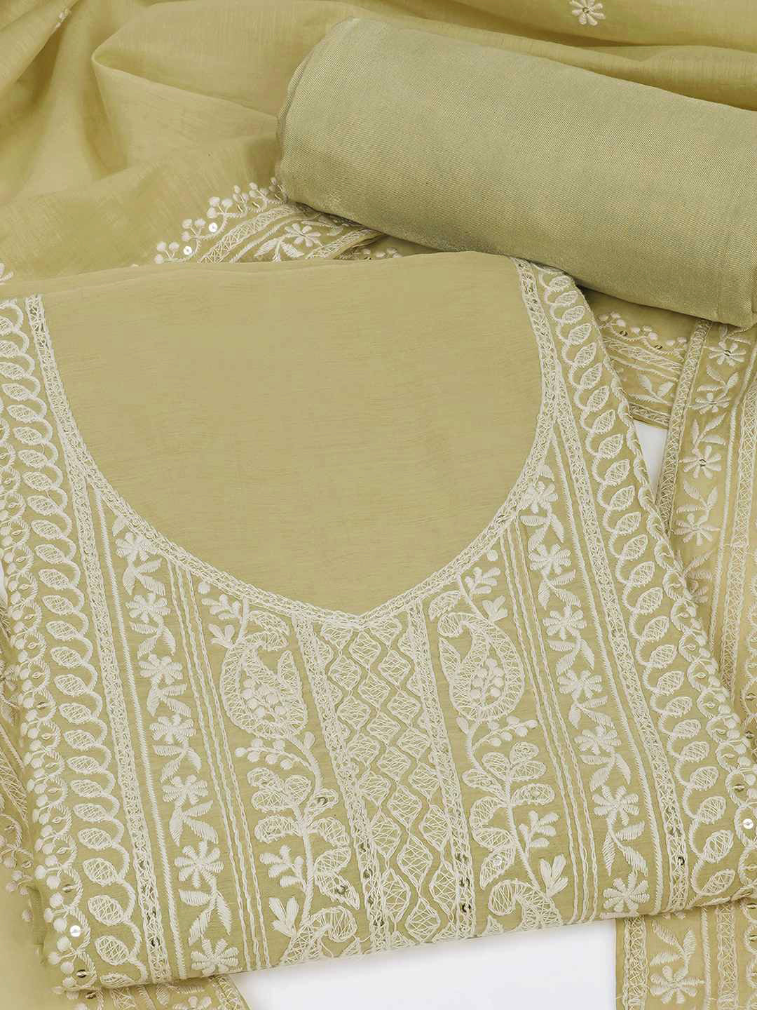 3-piece unstitched set with premium Chanderi fabric and features intricate embroidery.(Pista green)