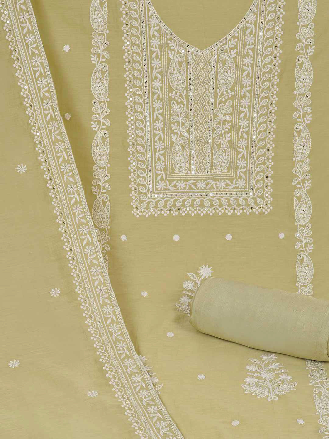 3-piece unstitched set with premium Chanderi fabric and features intricate embroidery.(Pista green)