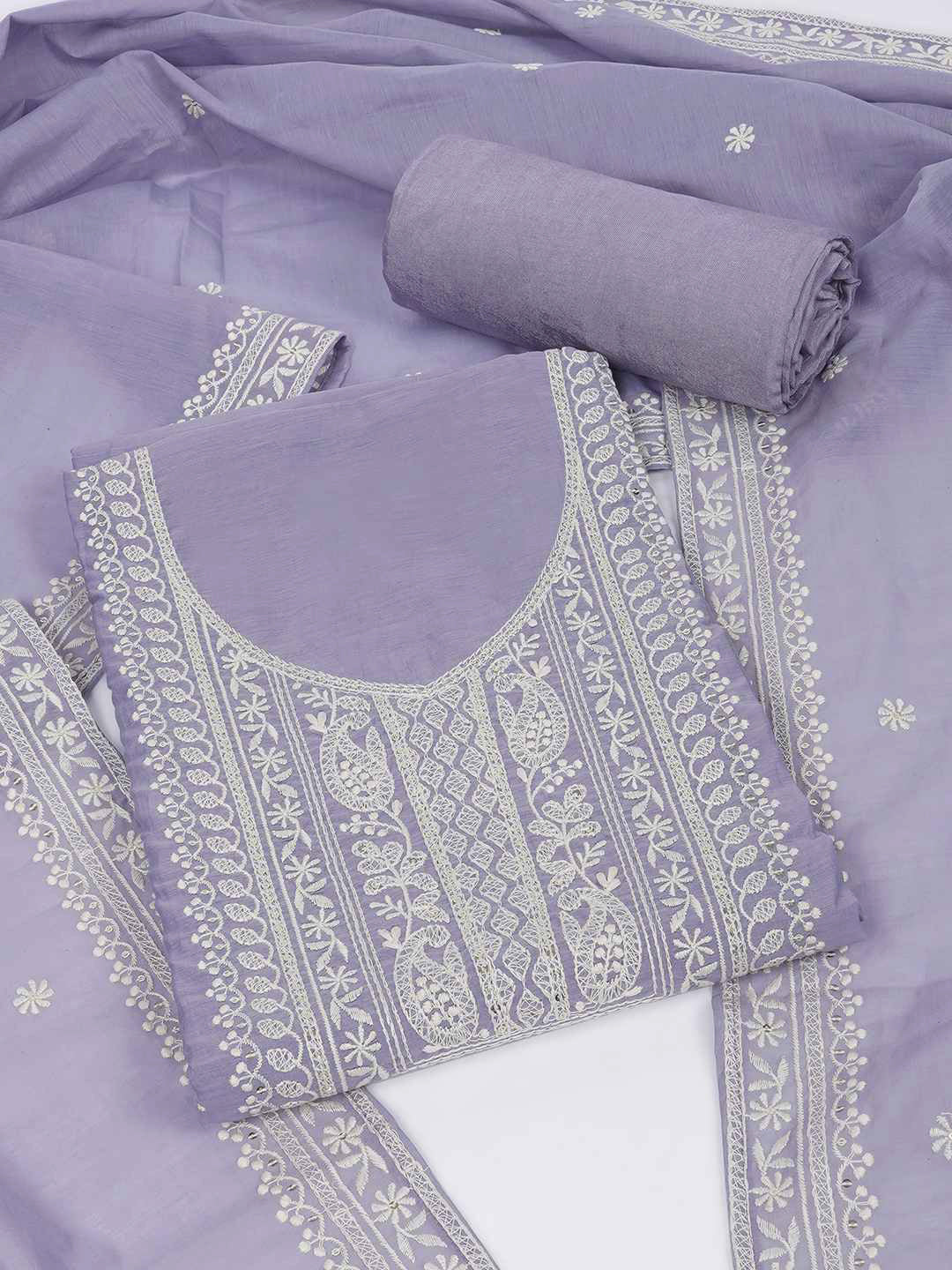 3-piece unstitched set with premium Chanderi fabric and features intricate embroidery.(Purple)