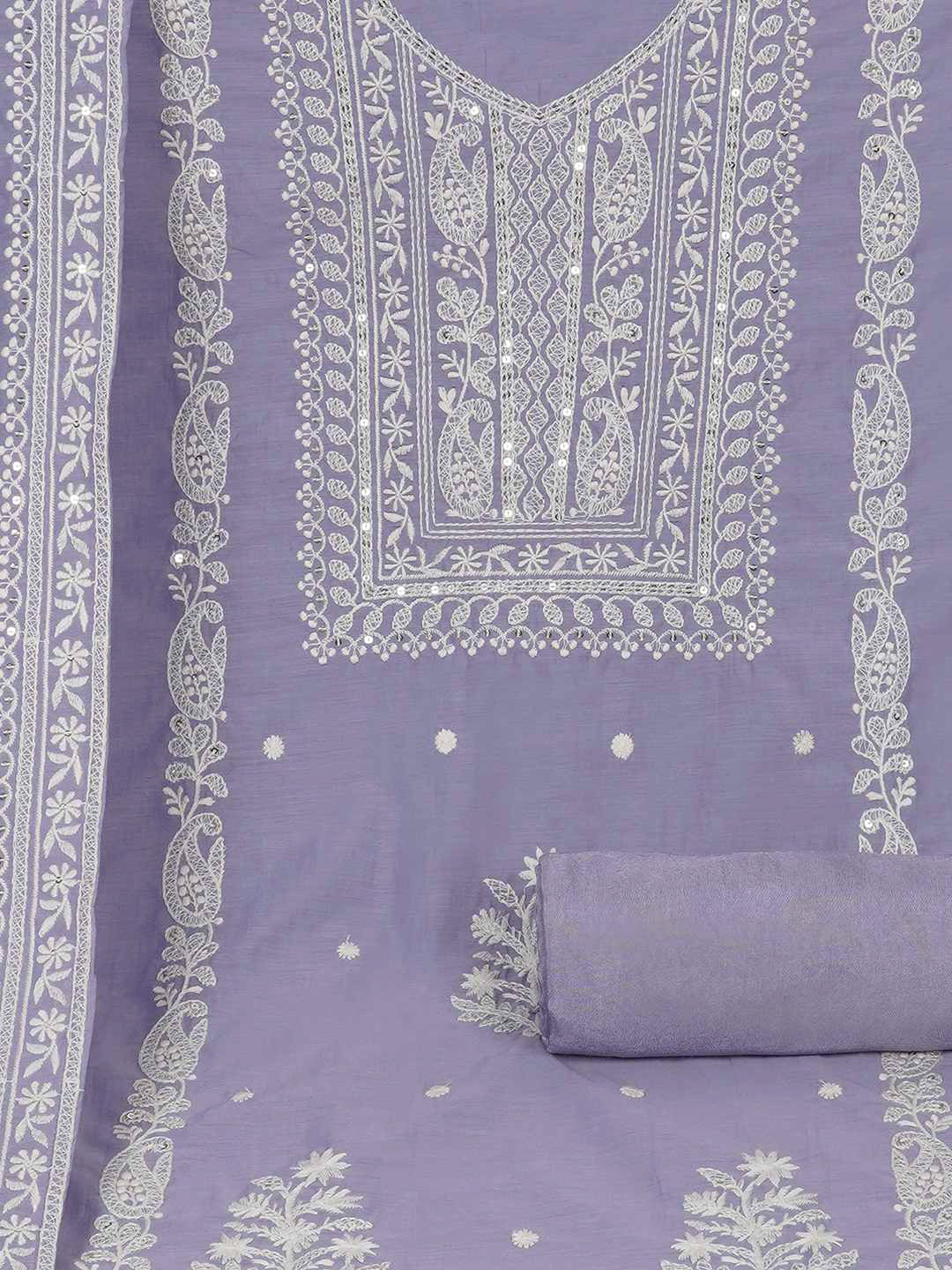 3-piece unstitched set with premium Chanderi fabric and features intricate embroidery.(Purple)