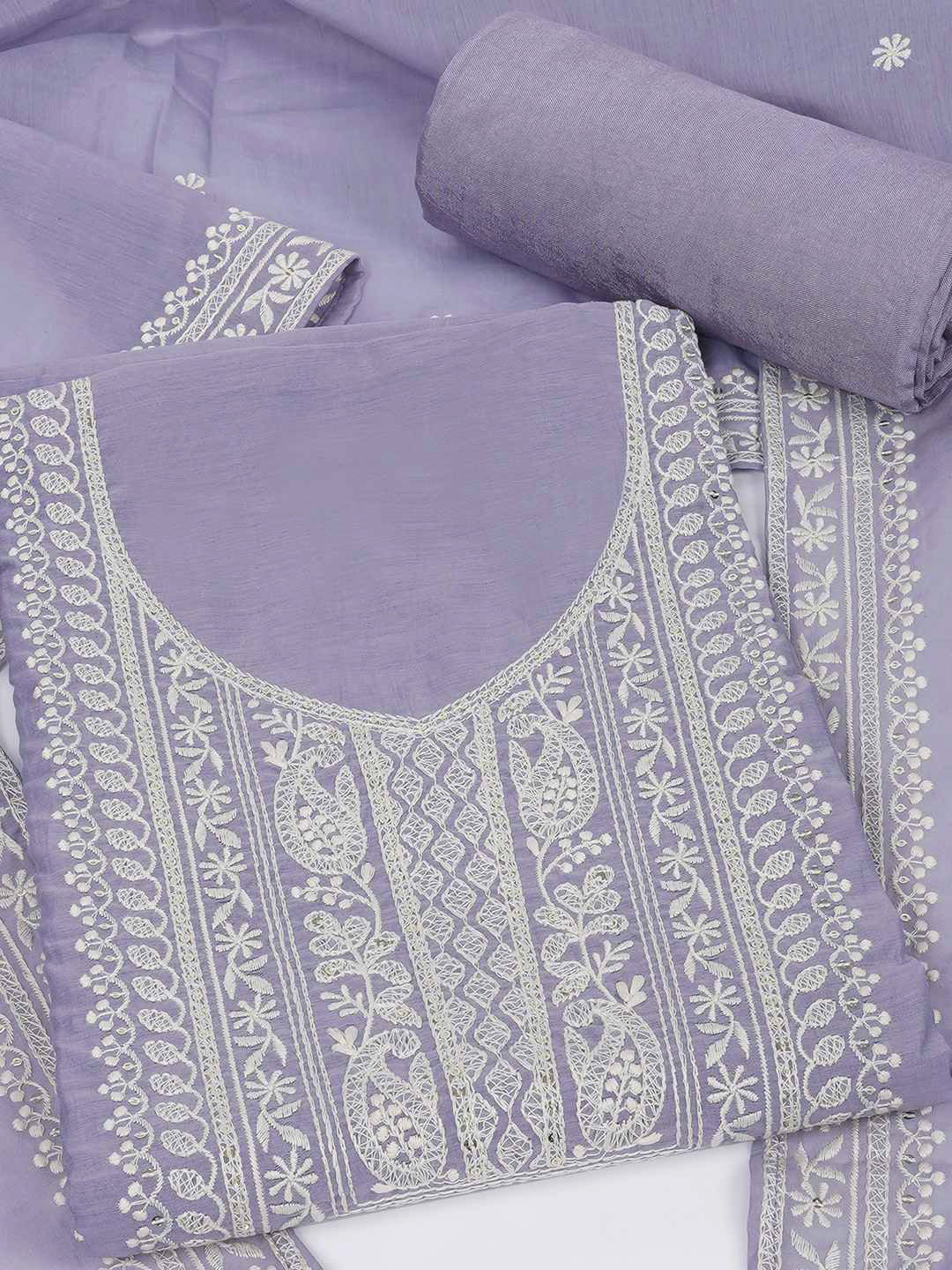 3-piece unstitched set with premium Chanderi fabric and features intricate embroidery.(Purple)