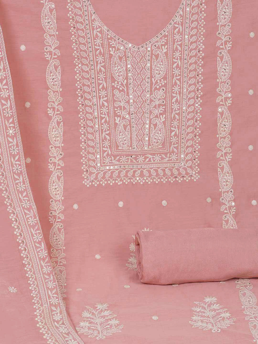 3-piece unstitched set with premium Chanderi fabric and features intricate embroidery.(Peach)