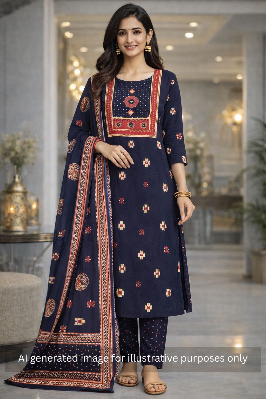Unstitched suit set featuring a contrast yoke crafted in block print fabric and delicate handwork.