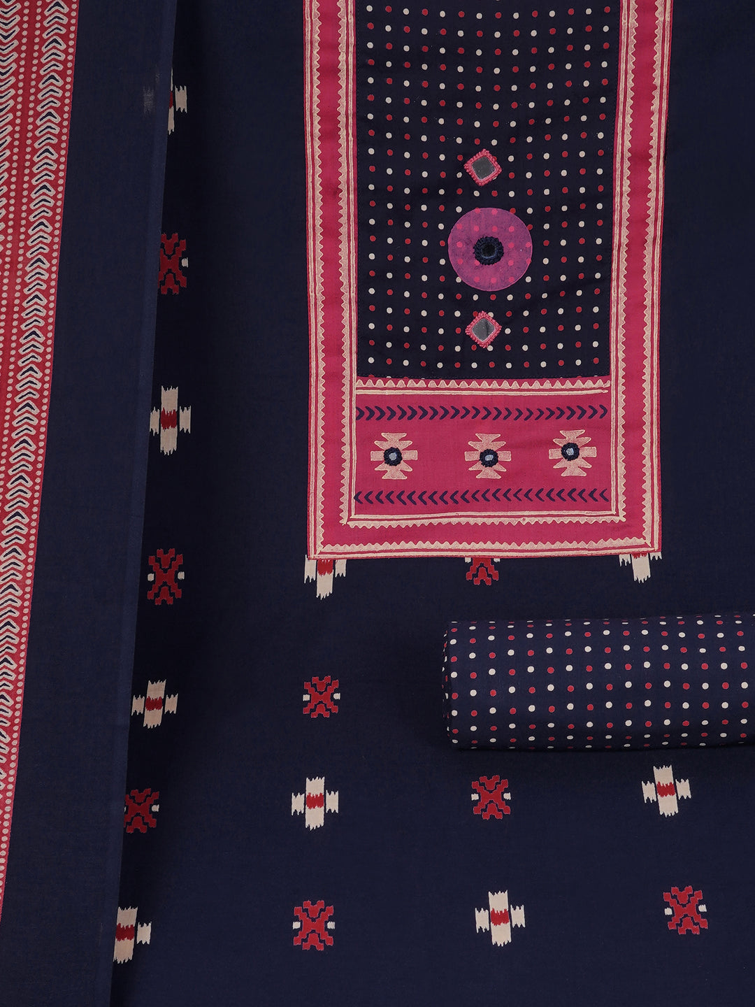 Unstitched suit set featuring a contrast yoke crafted in block print fabric and delicate handwork.