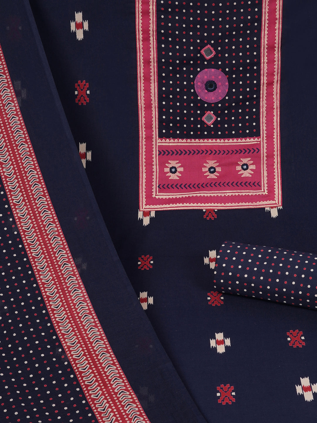 Unstitched suit set featuring a contrast yoke crafted in block print fabric and delicate handwork.