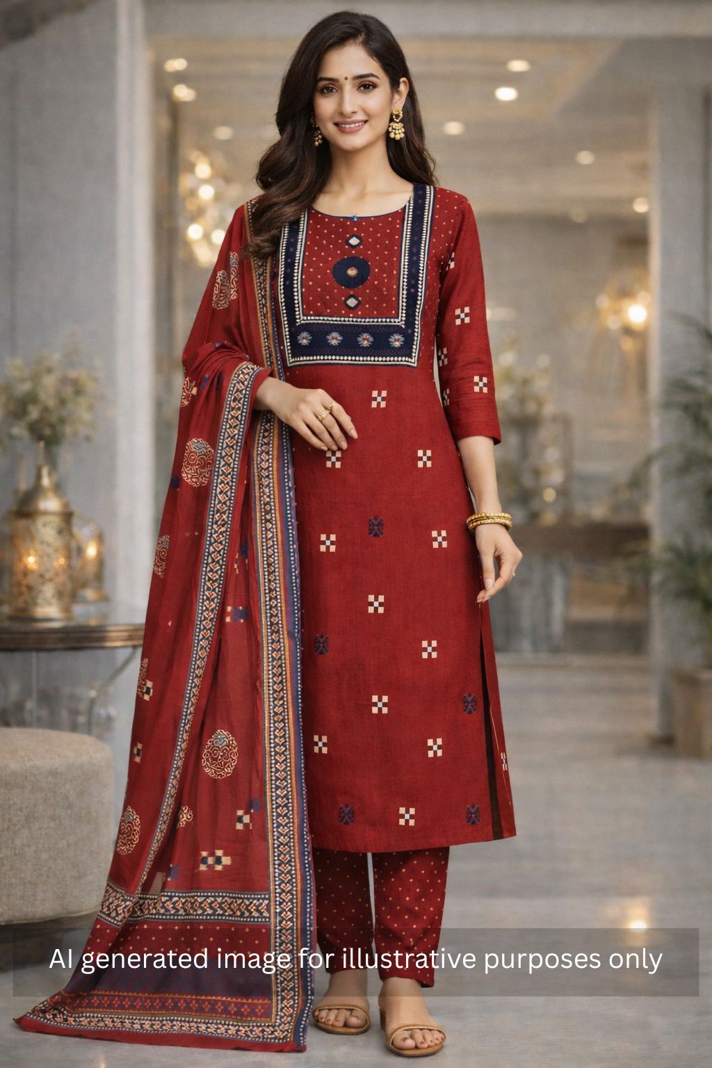 Unstitched suit set featuring a contrast yoke crafted in block print fabric and delicate handwork.