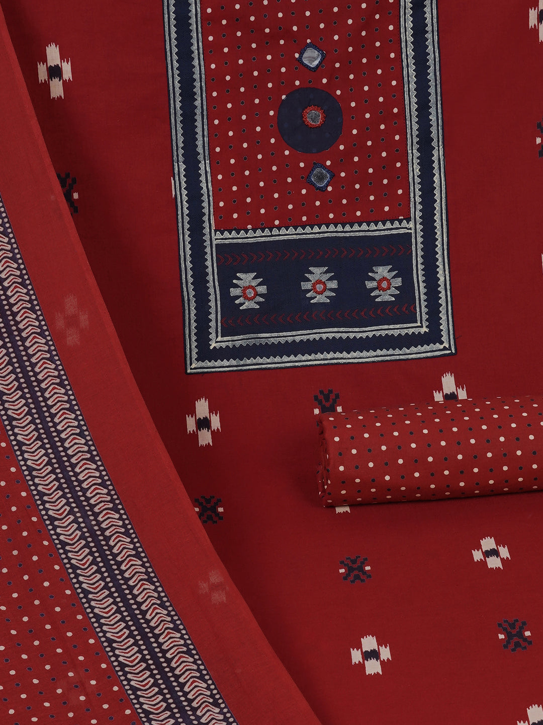 Unstitched suit set featuring a contrast yoke crafted in block print fabric and delicate handwork.